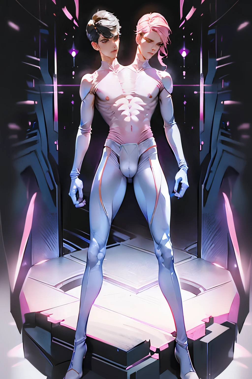 (2heads), conjoined dicephalus,1man,(masterpiece,high resolution,ultra - detailed:1.0),1(boy, feminine boy),Perfect slender male body,Look at the camera,Delicate and detailed eyes and delicate face,Extremely detailed CG,Unity 8k wallpaper,Complicated details,solo person,Detailed face, (pink futuristic skin tight body suit), (futuristic), (slender body with bulge) color difference, Depth of field,dramatic shadow,Ray tracing,Best quality, hands visible, white gloves,(((big bulge:1.4))), extra legs, ((three legs))