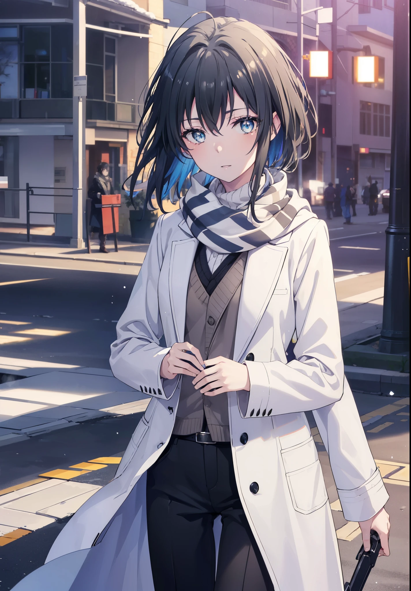 Yukiyuki Yukinoshita, Yukinoshita Yukino, black hair, blue eyes, short hair, Ahoge,smile,white long coat,black sweater,Scarf,skinny pants,stiletto heels,daytime,winter,
break outdoors, In town,building street,
break looking at viewer, whole body,(cowboy shot:1.5),
break (masterpiece:1.2), highest quality, High resolution, unity 8k wallpaper, (figure:0.8), (beautiful and fine eyes:1.6), highly detailed face, perfect lighting, Very detailed CG, (perfect hands, perfect anatomy),