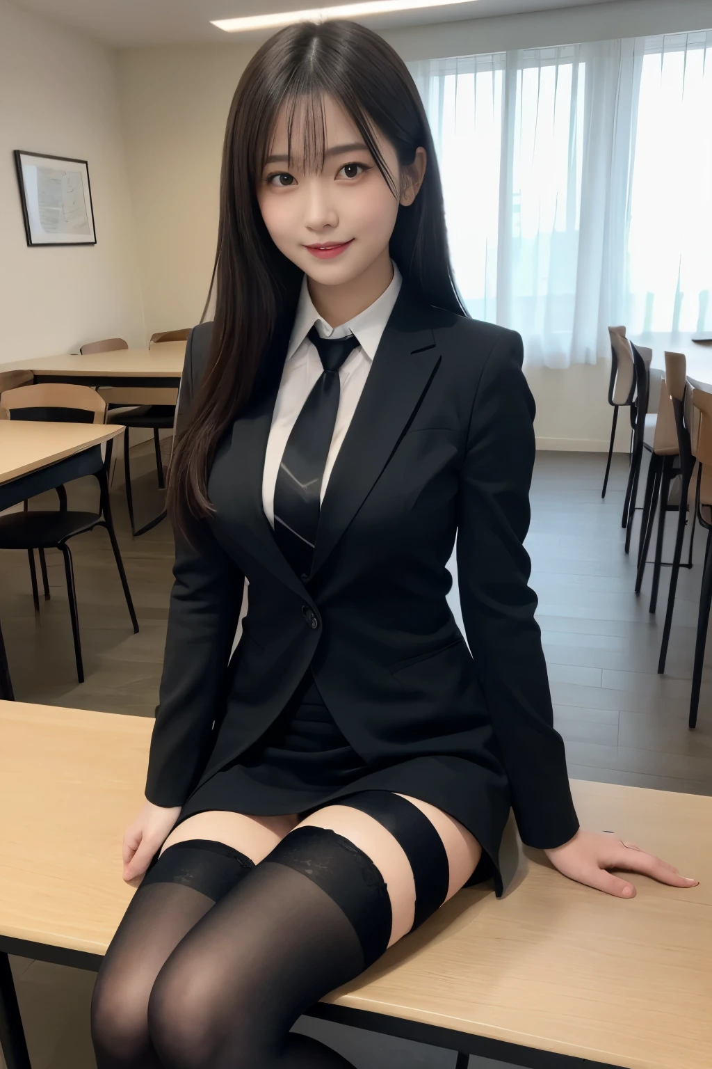 table top, highest quality, figure, super detailed, finely, High resolution, 8k wallpaper, 完璧なダイナミックな構figure, beautiful and fine eyes, business suit，natural color lip, smile、18 year old girl，Wearing black tights and stockings、plump thighs、shortcut