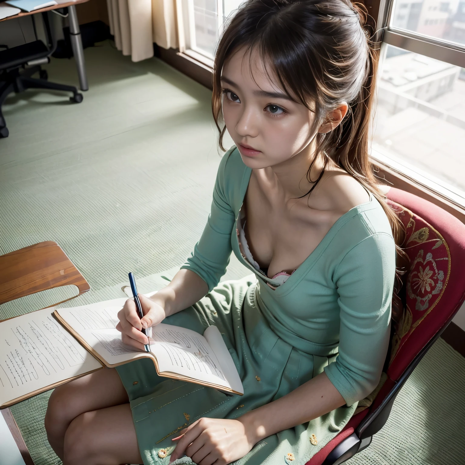 best quality, ultra highres, ultra detailed skin, physically-based rendering,downblouse, looking down,(14yo japanese girl sitting on chair and writing in notepad, on small table, decorated detailed embroidered cute bra, overlap blouse, small breasts, voluptuous, from above),(beautiful messy room background:1.2), in classroom