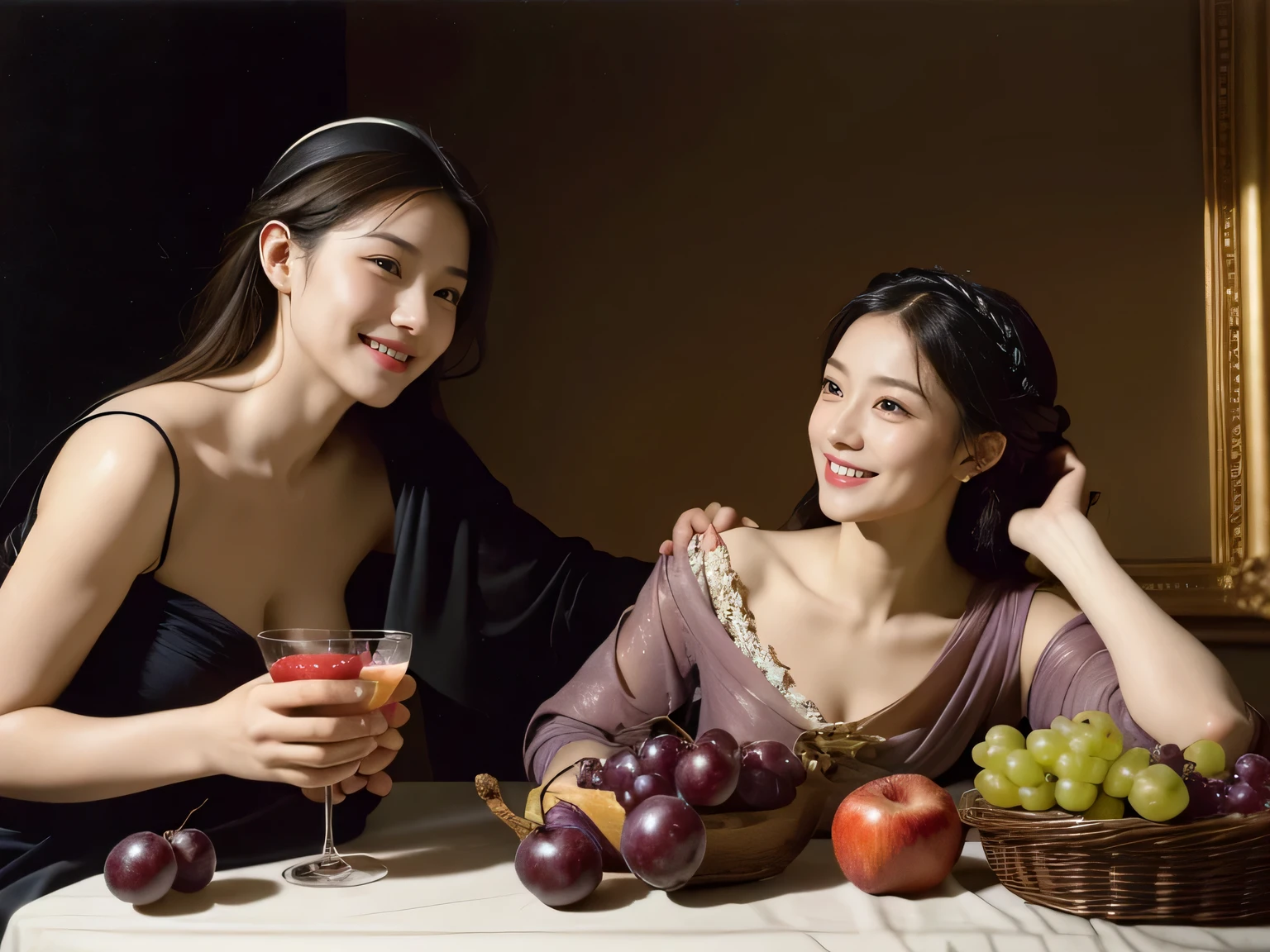 fruits,Grapes,Rosa,antique,A smile,,Sweet and seductive appearance.、Caravaggio's paintings、Chiaroscuro of Caravaggio,Two women frolicking,Cute smile, Expression of ecstasy