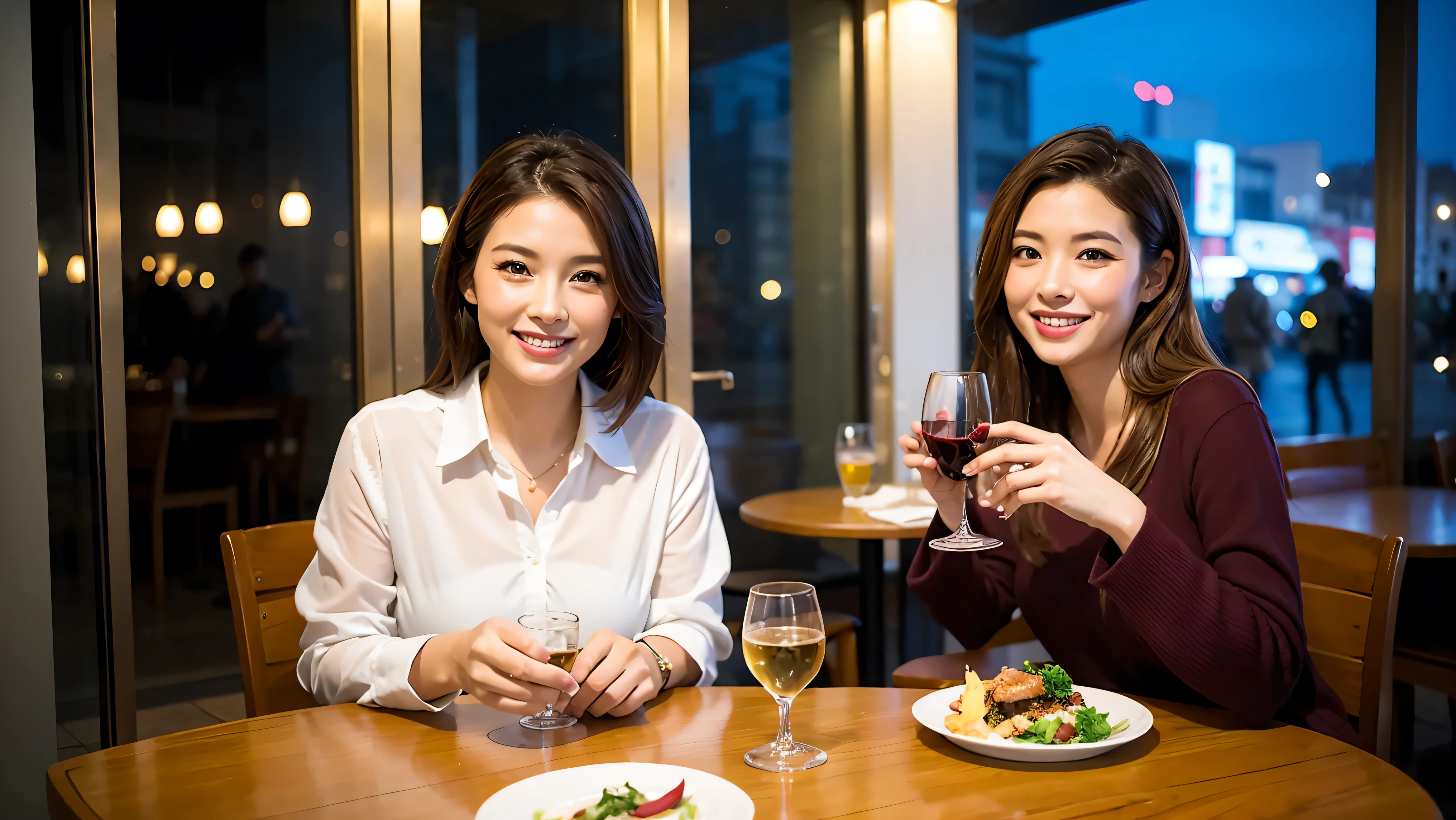 64k, UHD, highest quality, masterpiece: 1.2), (realistic, photorealistic: 1.37),やわらかなsmile、gentle expression、 Super detailed, celebration party、beauty、charm、beautiful mature woman、3 women who love wine、three men、Tokyo、Yokohama、Paris、London、venice、Rome、Champagne、sparkling wine、winter night、restaurantでワイン宴会、(slimな男女4名),(Wine party for 5 people)、(slimフェイス),Happy、 最高なsmile、Fox Face、Berry Short、(because I'thin), (brown hair), (shortcut), long sleeve shirt、winter fashion、Columbia、Brazilian、Japanese、Dutch、German、Portuguese、Belgian、Italian、French, (Squirting), (slimボティ), (brown hair), (shortcut), 端正なbeauty、cheeks blush a little, (41 years old), 38 years old, 35 years old、32 years old、 A beautiful and detailed night view spreads out outside the window..........., restaurant, wine glassが座っている, At night, in a prominent place (from the Upper body) nova frog style, actress, model, Upper body, White wine, slim, wine glass, Very beautiful night view, wine glass Put in the Middle, Happy smile, (smile: 1.15),