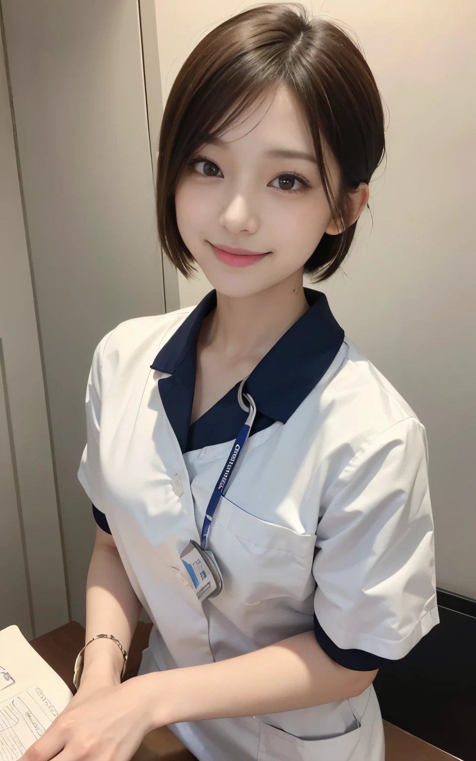 cute 21 year old japanese、super detailed face、attention to detail、double eyelid、beautiful thin nose、sharp focus:1.2、beauty:1.4、(bright茶髪、short cut hair、white skin、highest quality、bright、masterpiece、ultra high resolution、(realism:1.4)、nurse、nurse服を着て、nurse、nice smile、Take a picture of the whole body、