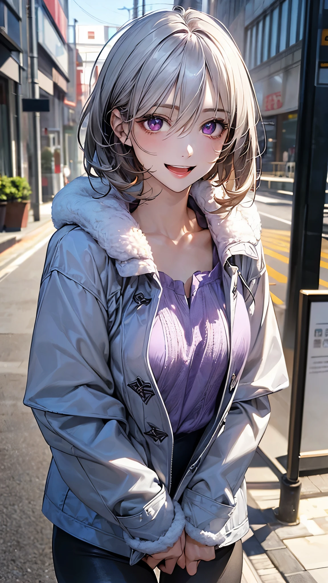 (masterpiece:1.2, top-quality), (realistic, photorealistic:1.4), beautiful illustration, (natural side lighting, movie lighting), nsfw,
looking at viewer, face focus, upper body, 1 girl, japanese, high school girl, perfect face, cute and symmetrical face, shiny skin,
(short hair:1.2, messy hair:1.2, silver hair), hair between eyes, maroon eyes, slant eyes, long eye lasher, (medium breasts), slender,
beautiful hair, beautiful face, beautiful detailed eyes, beautiful clavicle, beautiful body, beautiful chest, beautiful thigh, beautiful legs, beautiful fingers,
((detailed cloth texture, long sleeves white parka, purple cat pettern shirts, black leggings)),
(beautiful scenery), summer, evening, (outdoors), walking, (lovely smile, open mouth),