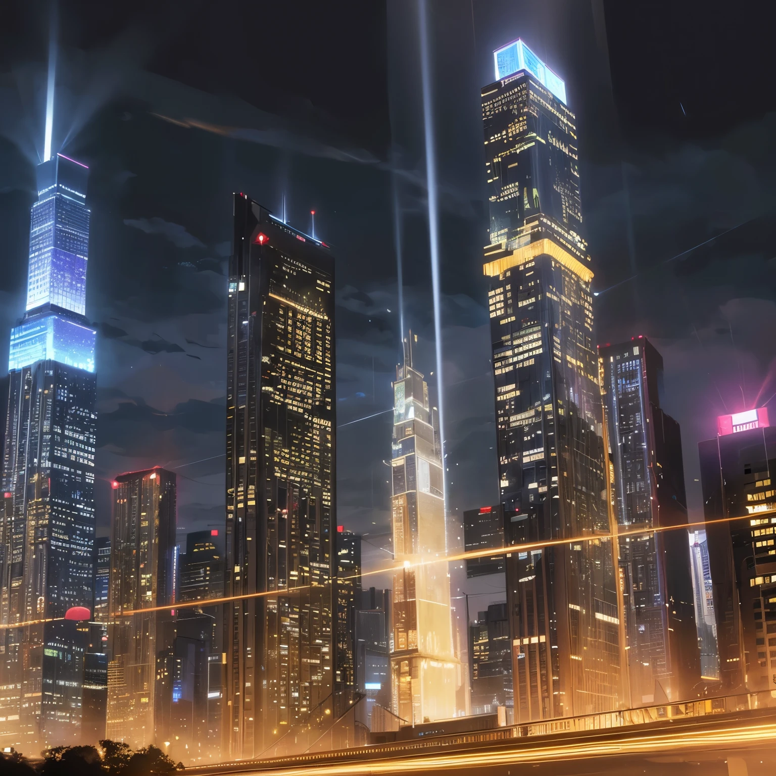 disorganized, High resolution, Super detailed), SF, long shot, future city, at night, A glass tower soars into the sky, light, Light Flow Ribbon、It depicts a hovering car flying between the towers. night sky, cloud, rain, reflection, the city seems endless, Streaks of light through the sky