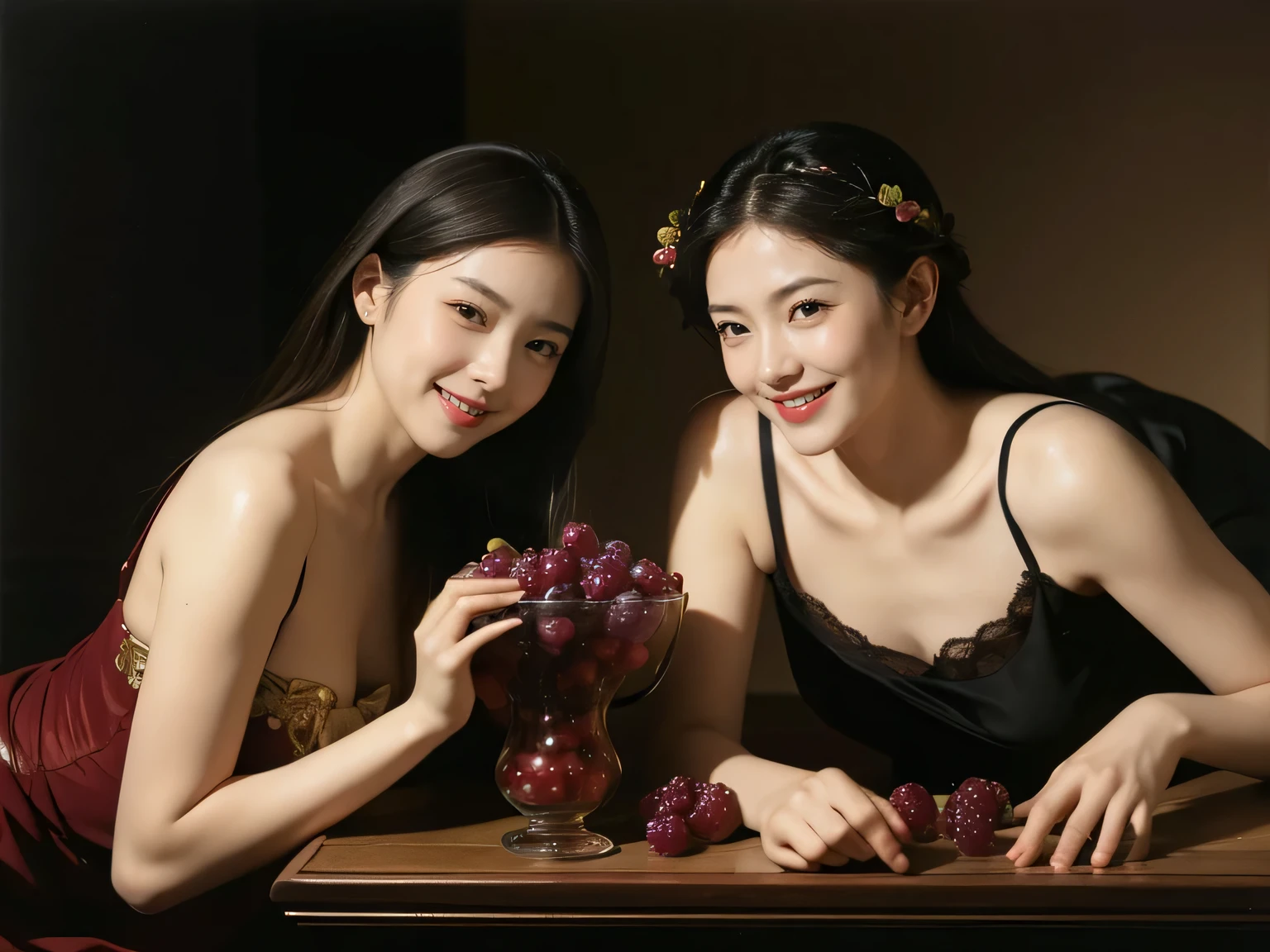 fruits,Grapes,Rosa,antique,A smile,,Sweet and seductive appearance.、Caravaggio's paintings、Chiaroscuro of Caravaggio,Two women frolicking,Cute smile, Expression of ecstasy