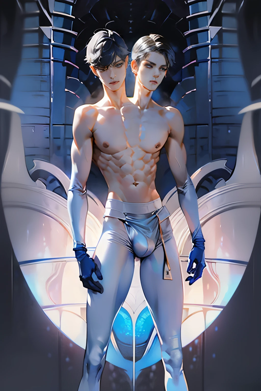 (2heads), conjoined dicephalus,1man,(masterpiece,high resolution,ultra - detailed:1.0),1(boy, feminine boy),Perfect slender male body,Look at the camera,Delicate and detailed eyes and delicate face,Extremely detailed CG,Unity 8k wallpaper,Complicated details,solo person,Detailed face, (naked), (futuristic background), (slender body with bulge) color difference, Depth of field,dramatic shadow,Ray tracing,Best quality, hands visible, white gloves,(((big bulge:1.4))), extra legs, ((three legs))