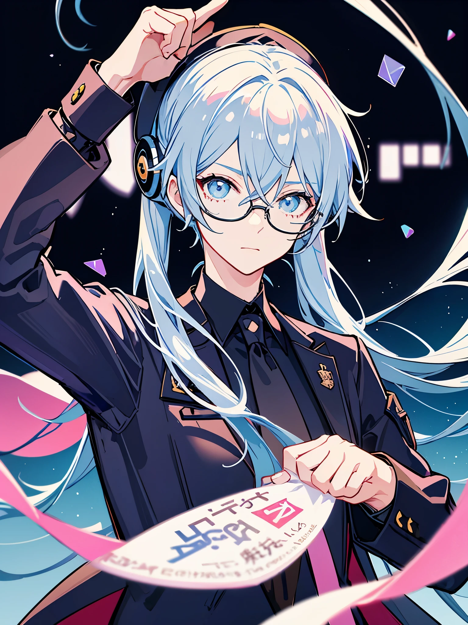 (muste piece)(High definition)teenage male android、alone、gray hair、ponytail、hat、Tuxedo、tie、wears round rimless glasses、one hand on the chest、hold one hand out in front of you、a welcoming look、background(An electronic world that feels like science fiction、A space that feels like inside a machine、Virtual space、near future、Dark)、anime style