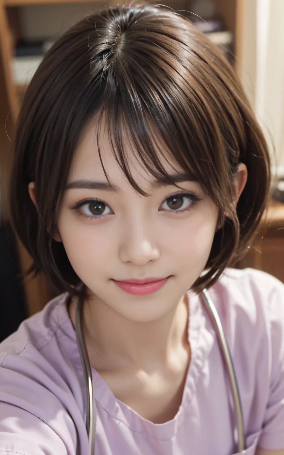 cute 21 year old japanese、super detailed face、attention to detail、double eyelid、beautiful thin nose、sharp focus:1.2、beauty:1.4、(bright茶髪、short cut hair、white skin、highest quality、bright、masterpiece、ultra high resolution、(realism:1.4)、nurse、nurse服を着て、nurse、nice smile、