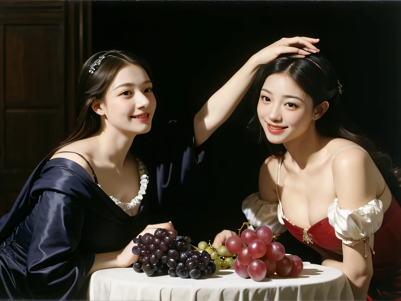 fruits,Grapes,Rosa,antique,A smile,,Sweet and seductive appearance.、Caravaggio's paintings、Chiaroscuro of Caravaggio,Two women frolicking,Cute smile, Expression of ecstasy