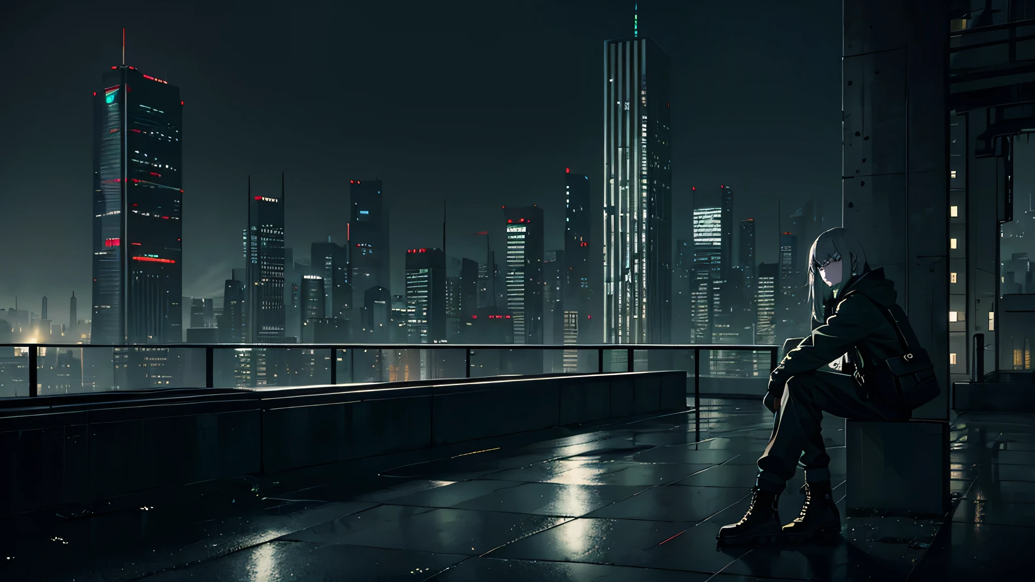 Highly detailed cityscape, dystopian landscape, high buildings, high-rise buildings, gloomy cyberpunk atmosphere, urban, dark green metal and pale gray concrete palette, dark windows, less lights, pale pights, (cold lighting), (less lights), hopeless anime girl sits on bench, on a roof, dark sky, black sky, gloomy sky, dark concrete border, black oil liquids, highly detailed art, highly detailed background