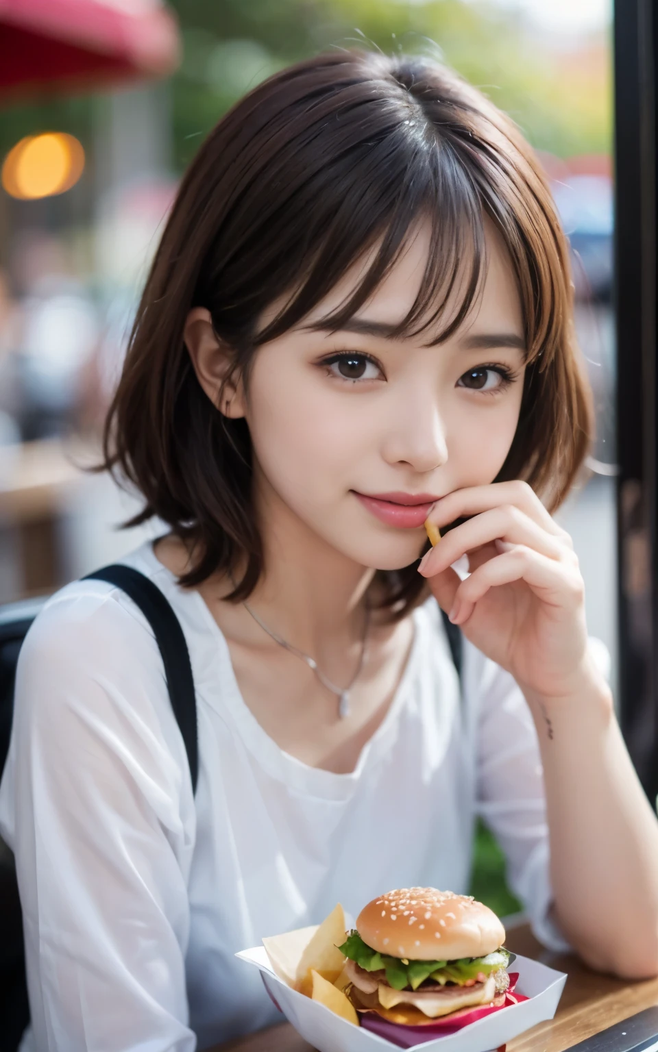 cute 21 year old japanese、Beautiful woman eating a hamburger at fast food、hamburgers、hamburgersを手に、super detail face、pay attention to details、double eyelid、beautiful thin nose、sharp focus:1.2、Beautiful woman:1.4、(light brown hair,short hair、),pure white skin、highest quality、masterpiece、ultra high resolution、(Photoreal:1.4)、Highly detailed and professional lighting、nice smile、show your whole body、cute fall clothes、