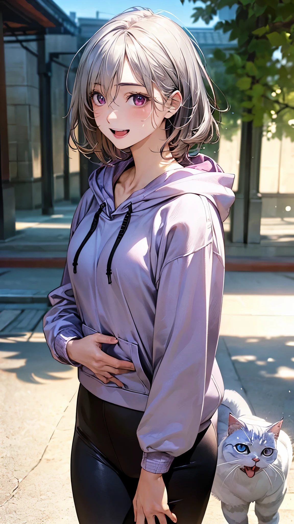 (masterpiece:1.2, top-quality), (realistic, photorealistic:1.4), beautiful illustration, (natural side lighting, movie lighting), nsfw,
looking at viewer, face focus, upper body, 1 girl, japanese, high school girl, perfect face, cute and symmetrical face, shiny skin,
(short hair:1.2, messy hair:1.2, silver hair), hair between eyes, dark red eyes, slant eyes, long eye lasher, (medium breasts), slender,
beautiful hair, beautiful face, beautiful detailed eyes, beautiful clavicle, beautiful body, beautiful chest, beautiful thigh, beautiful legs, beautiful fingers,
((detailed cloth texture, long sleeves white hoodie, open hoodie, purple cat pettern long length shirts, black leggings)),
(beautiful scenery), summer, evening, (outdoors), walking, (lovely smile, open mouth),
