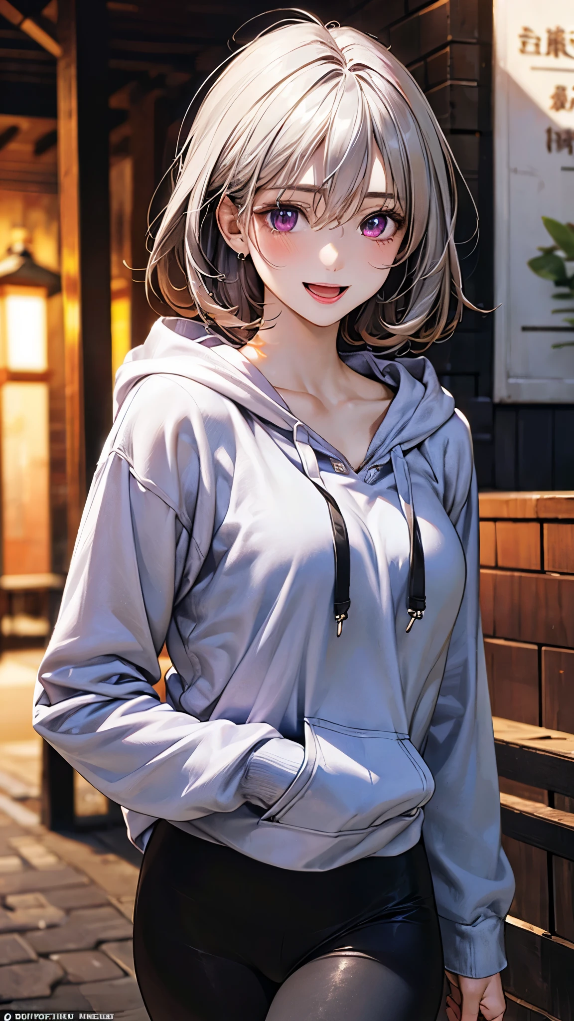 (masterpiece:1.2, top-quality), (realistic, photorealistic:1.4), beautiful illustration, (natural side lighting, movie lighting), nsfw, 
looking at viewer, face focus, upper body, 1 girl, japanese, high school girl, perfect face, cute and symmetrical face, shiny skin, 
(short hair:1.2, messy hair:1.2, silver hair), hair between eyes, dark red eyes, slant eyes, long eye lasher, (medium breasts), slender, 
beautiful hair, beautiful face, beautiful detailed eyes, beautiful clavicle, beautiful body, beautiful chest, beautiful thigh, beautiful legs, beautiful fingers, 
((detailed cloth texture, long sleeves white hoodie, open hoodie, purple cat pettern long length shirts, black leggings)), 
(beautiful scenery), summer, evening, (outdoors), walking, (lovely smile, open mouth), 