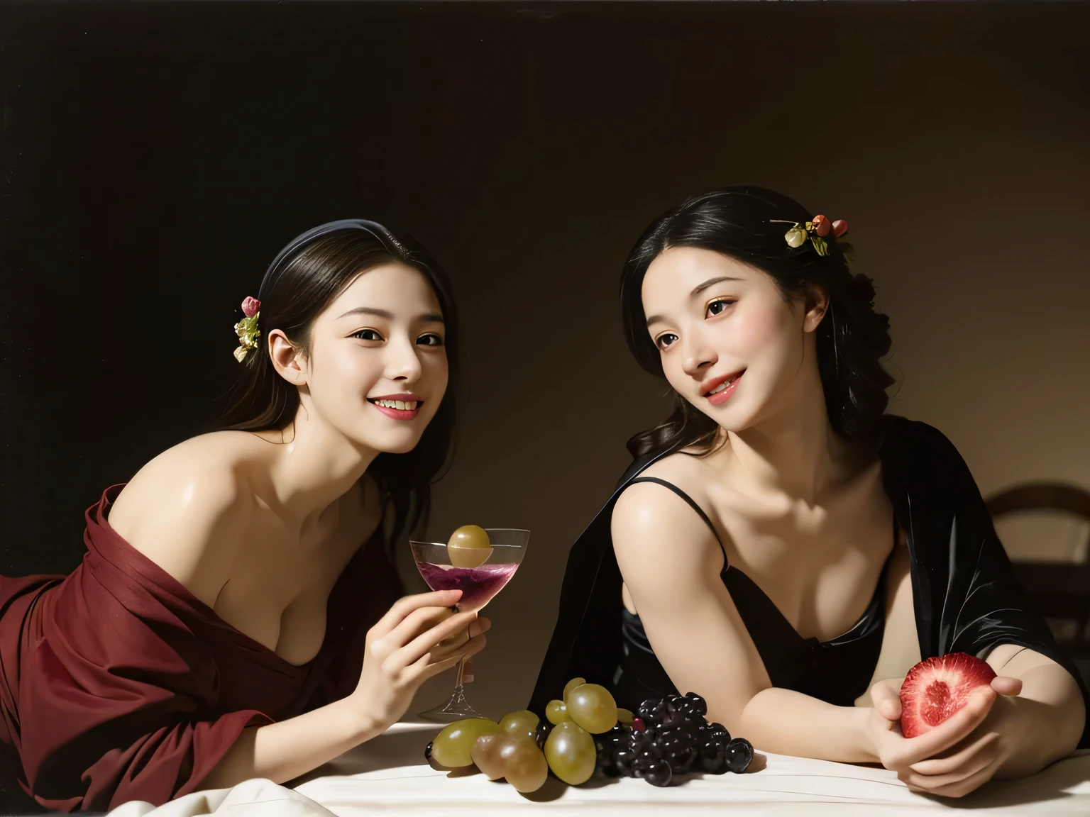 fruits,Grapes,Rosa,antique,A smile,,Sweet and seductive appearance.、Caravaggio's paintings、Chiaroscuro of Caravaggio,Two women frolicking,Cute smile, Expression of ecstasy