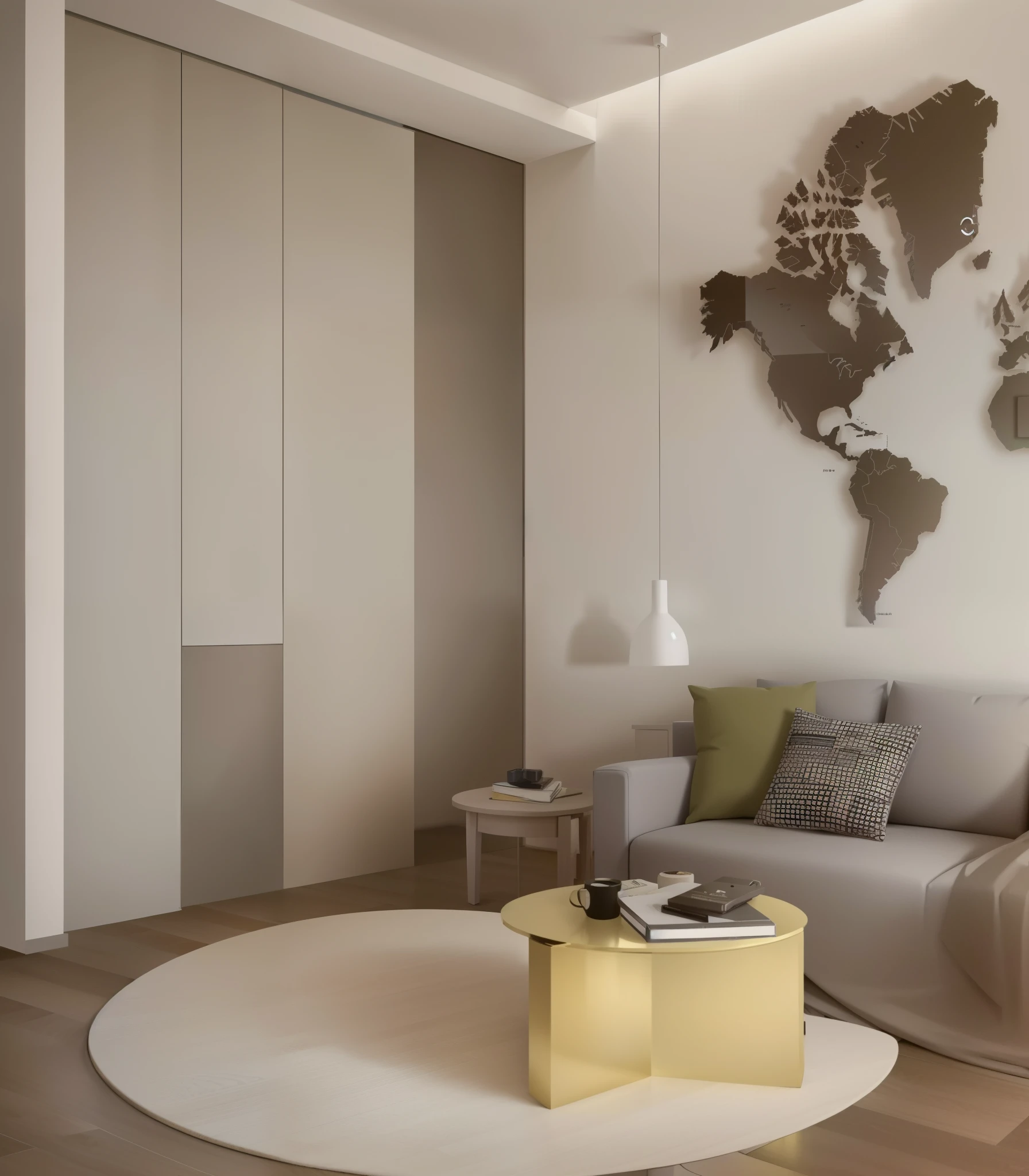 Alfa view of living room with sofa, coffee table, and a world map, cream colored room, pastel colors with minimalism, 平坦的neutral color调, Sand-colored walls, pastel colors. UE 5, Modern earth tones neutral earth tones, white map gallery, architectural visualization, corona rendering, Matte accent, city apartment, beige and gold, neutral color