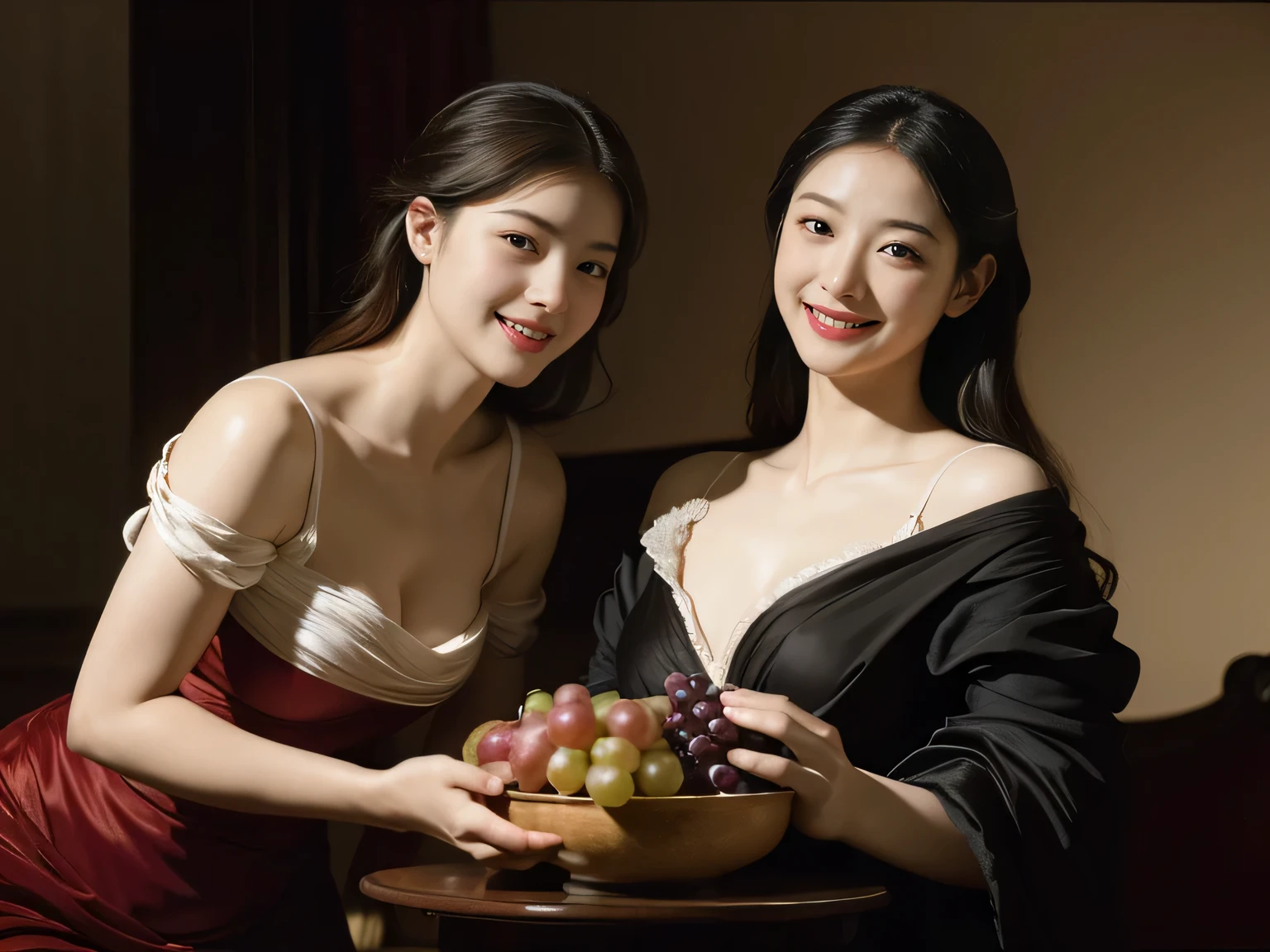 fruits,Grapes,Rosa,antique,A smile,,Sweet and seductive appearance.、Caravaggio's paintings、Chiaroscuro of Caravaggio,Two women frolicking,Cute smile, Expression of ecstasy