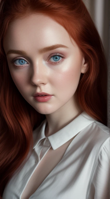 Young Lily Cole, tick tock model, detailed eyes, detailed facial features, white shirt, unbuttoned buttons, looks at the viewer, pale skin, detailed skin, slender body, extreme detailed, bedroom, red hair, super long hair, very large eyes, mouth opening, tongue showing, teenager, indoors, on the bed, studio light, semi-darkness, raw photo, iphone photo, top view, selfie.