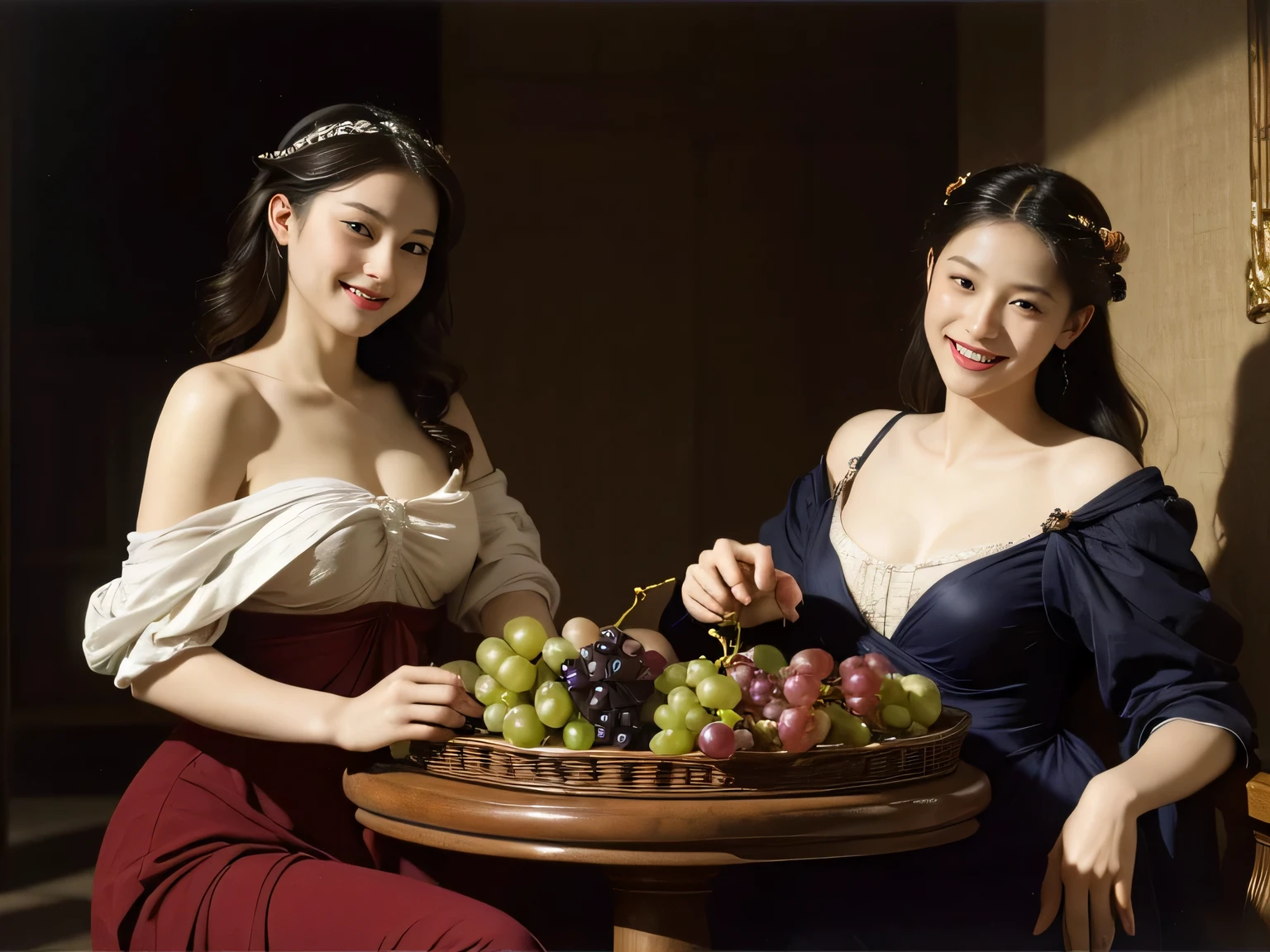 fruits,Grapes,Rosa,antique,A smile,,Sweet and seductive appearance.、Caravaggio's paintings、Chiaroscuro of Caravaggio,Two women frolicking,Cute smile, Expression of ecstasy