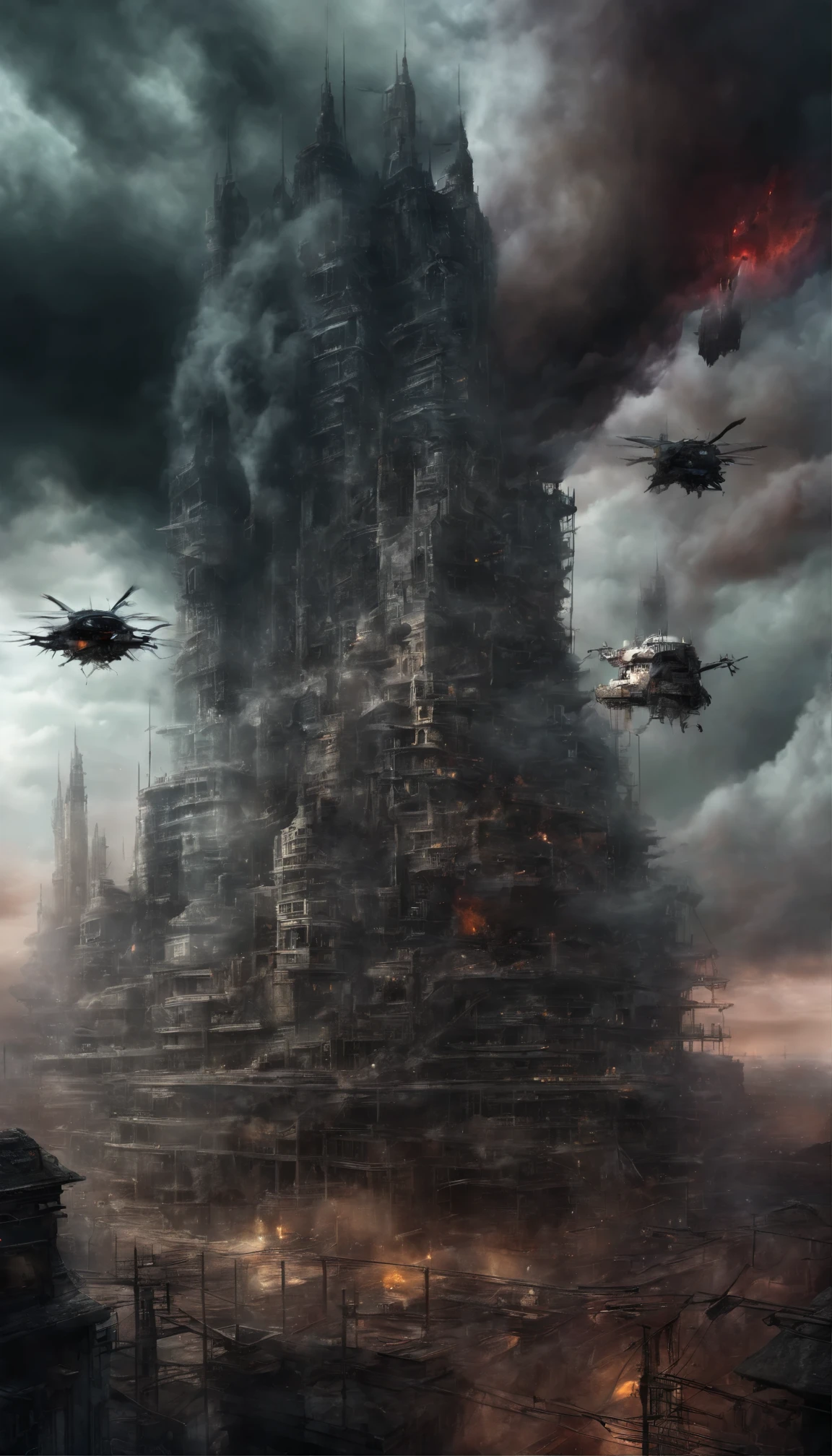 (sci-fi art:1.5), sci-fi postapocalyptic world, (a flying city:1.7), a white flying castle is located on it, (huge mechanisms spew clouds of smoke:1.3), panoramic view, clouds of smoke, storm clouds, (masterpiece), (vivid colors:1.6)