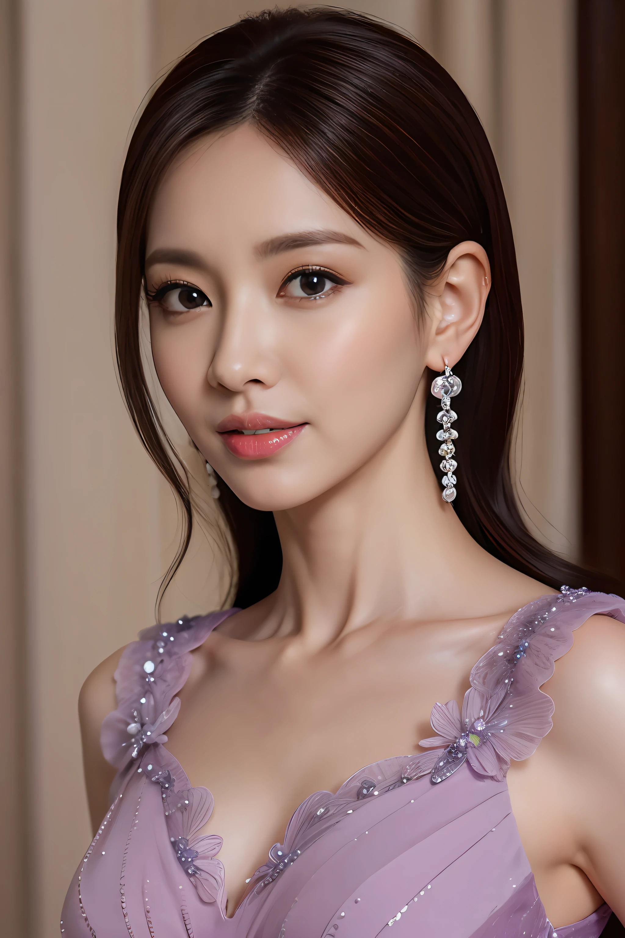 on the table, best quality, Very detailed的8k, ultra high definition, Super detailed, Very detailed, Super high sense of reality, Surreal的, Surreal, Surreal主义, Bust of elegant woman wearing purple dress, Pearl hanging earrings, 8K, best quality