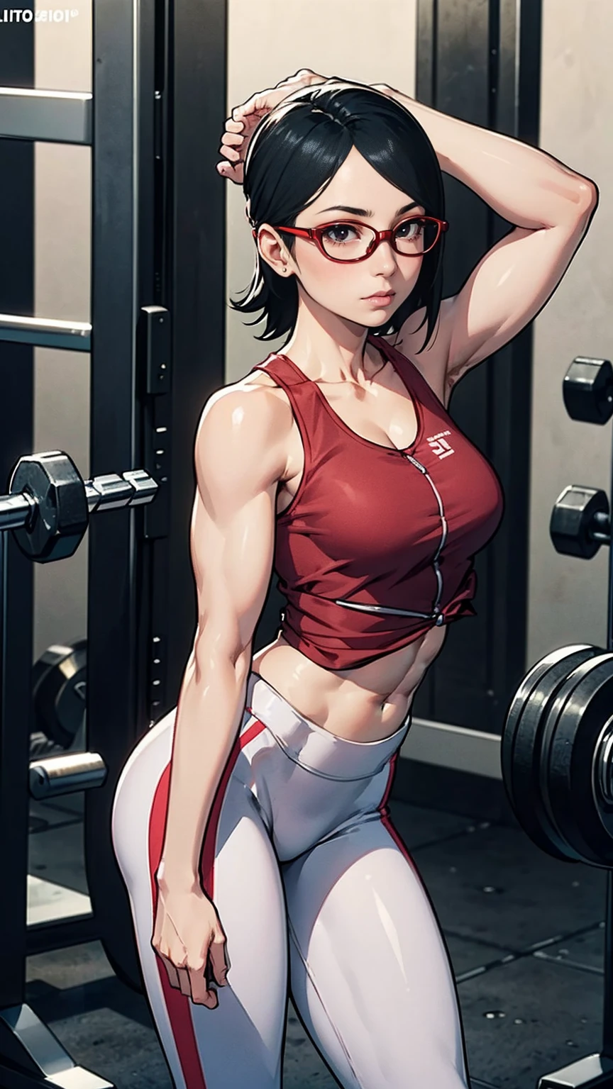 (Sarada Uchiha, shor hair, black hair, glasses, black eyes, red glasses), ((shiny eyes, red tank top, white yoga pants, tight clothes)), (((muscular, fitness))) 1girl, solo, standing ((standing, gym background, pose)), with gym equipment, mirrors