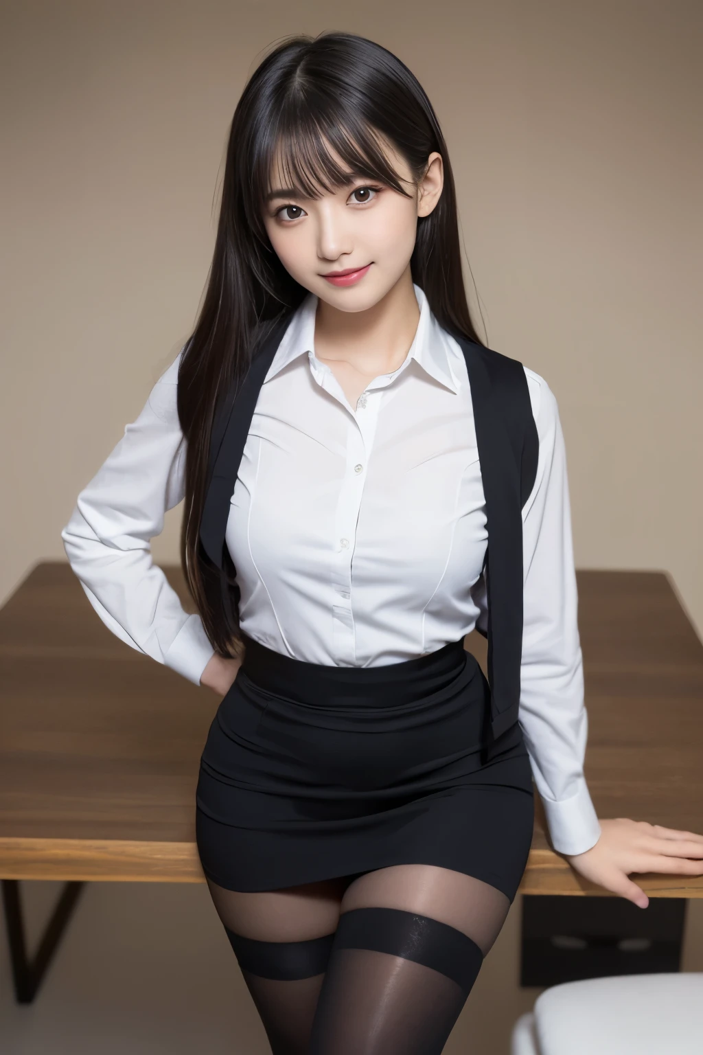 table top, highest quality, figure, super detailed, finely, High resolution, 8k wallpaper, 完璧なダイナミックな構figure, beautiful and fine eyes, business suit,natural color lip, smile、18 year old girl,Wearing black tights and stockings、plump thighs、shortcut