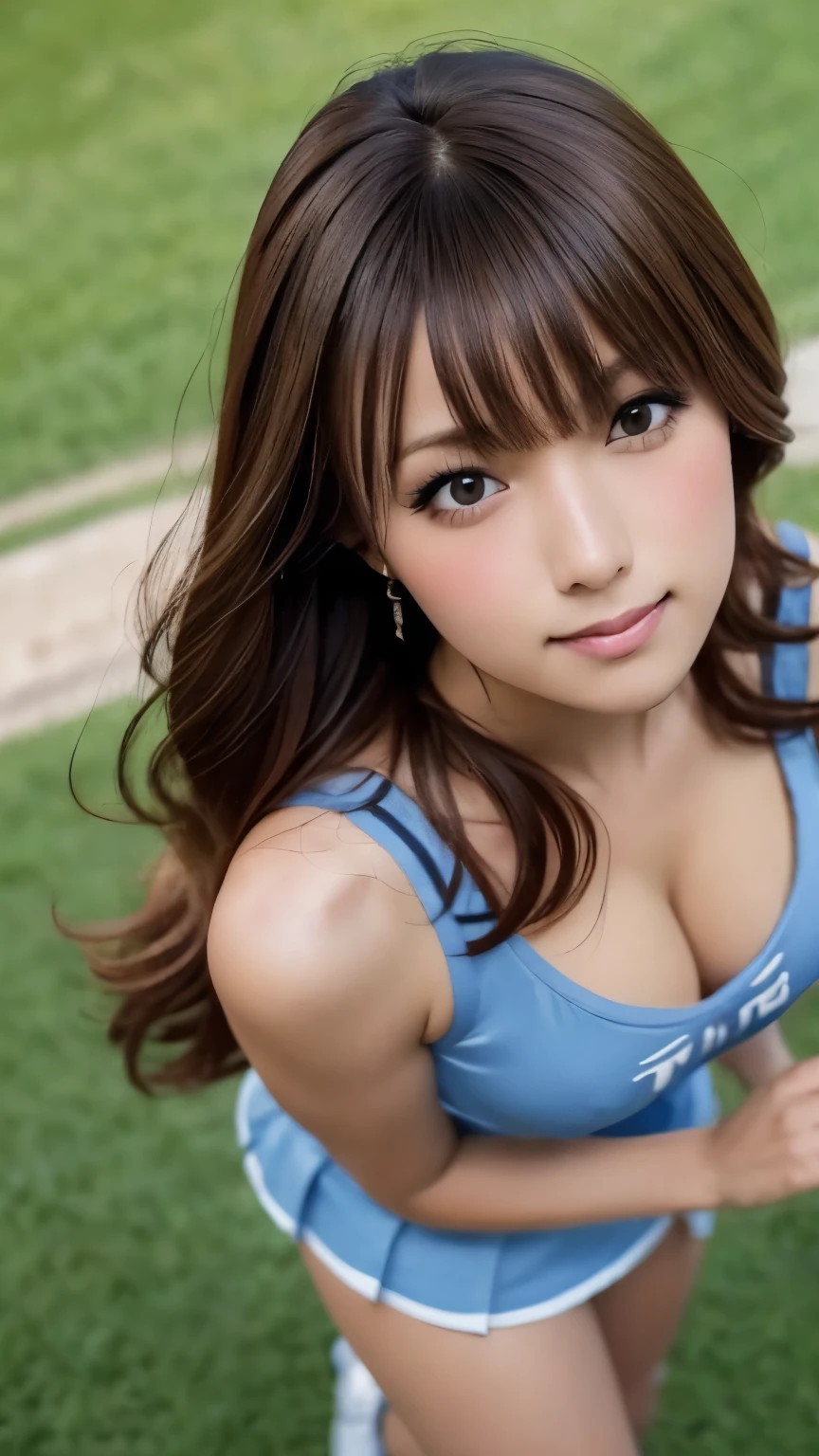 (Photoreal:1.4, 8K), highest quality, masterpiece, ultra high resolution, perfect dynamic composition, big face, round face, (light brown hair:1.3, long hair, bangs, layered hair, ponytail), Highly detailed skin and facial textures:1.3, tanned skin:1.3, slender, perfect proportions, Medium chest:1.5, cleavage, Glossy legs, Detail of limbs,  Cute and sexy 22 year old cheerleader, (completely enchants you:0.9), (cheerleader blue costume:1.4),  (gal makeup, eyeliner, mascara, Pink lip gloss, distant eyes, Eyes that feel beautiful eros:0.85), sexy face:0.4, (closed mouth, small mouth, thick lips, A taste of beautiful eroticism:0.85), (Too cute beauty:0.9), stadium, Lots of spectators, Lots of spectators, green grass, Wind, Movie lighting from the front, (Taken from above:1.3), (Look up:1.3), (Close-up), (walk:1.5), smile:0.7