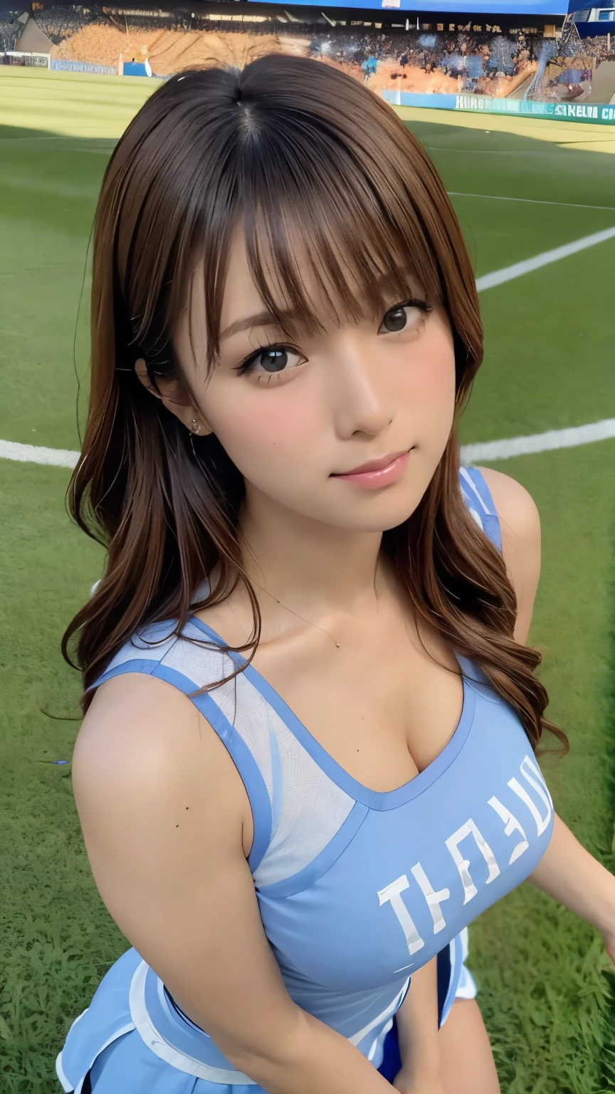 stadium, (Photoreal:1.4, 8K), highest quality, masterpiece, ultra high resolution, perfect dynamic composition, big face, round face, (light brown hair:1.3, long hair, bangs, layered hair, ponytail), Highly detailed skin and facial textures:1.3, tanned skin:1.3, slender, perfect proportions, Medium chest:1.5, cleavage, Glossy legs, Detail of limbs,  Cute and sexy 22 year old cheerleader, (completely enchants you:0.9), (cheerleader blue costume:1.4),  (gal makeup, eyeliner, mascara, Pink lip gloss, distant eyes, Eyes that feel beautiful eros:0.85), sexy face:0.4, (closed mouth, small mouth, thick lips, A taste of beautiful eroticism:0.85), (Too cute beauty:0.9), stadium, Lots of spectators, Lots of spectators, green grass, Wind, Movie lighting from the front, (Taken from above:1.3), (Look up:1.3), (Close-up), (walk:1.5), smile:0.7