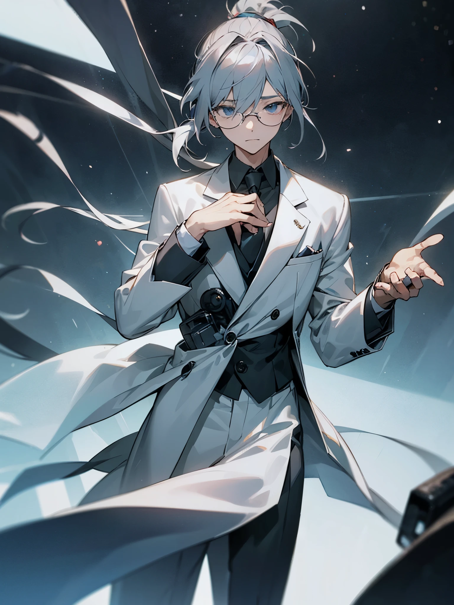 (muste piece)(High definition)teenage male android、alone、gray hair、ponytail、hat、Tuxedo、tie、wears round rimless glasses、one hand on the chest、hold one hand out in front of you、a welcoming look、background(An electronic world that feels like science fiction、A space that feels like inside a machine、Virtual space、near future、Dark)、anime style