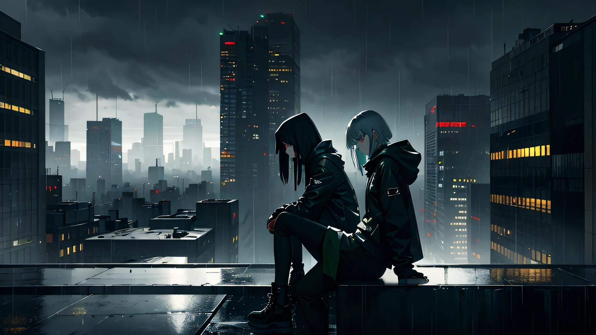 (((liminal spaces))), gloomy cityscape, dystopian landscape, high buildings, high-rise buildings, gloomy cyberpunk atmosphere, urban, dark green metal and pale gray concrete palette, dark windows, less lights, pale pights, (cold lighting), (less lights), hopeless anime girl sits on bench, on a roof, dark sky, black sky, gloomy sky, (rain), dark concrete border, black oil liquids, highly detailed art, highly detailed background