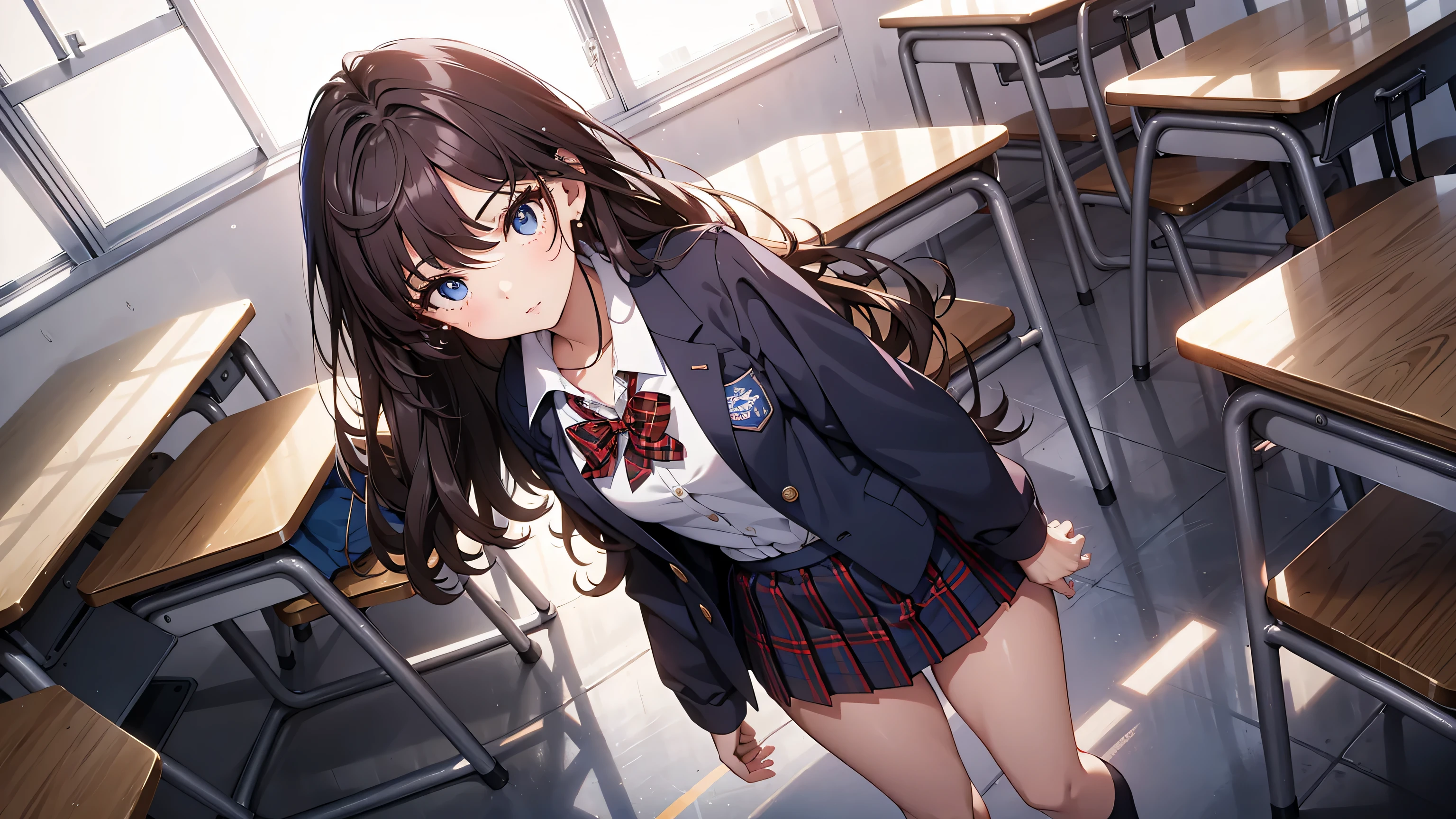 obra maestra, Mejor calidad, high resolution, Ichinose Shiki, idol master, pelo largo, dos lados hacia arriba, Lazo para el pelo, ahogo, pechos medianos, pendientes, uniforme escolar marinero, fondo de paisaje escolar, aula (Please draw a single una chica Caminando in a aula school :1.3) ((1 chica)), (Solo, rostro,-yeld:2. un estudiante de secundaria. Extremidades completas, dedos completos, ((Dedos perfectos)), trasero mediano, ingle, ojos perfectos, American jacket Japanese uniform girl ((blusa blanca con cuello formal, Blazer azul, la falda es azul, lazo a cuadros rojos en la blusa)) (Detailed lighting), (antecedentes detallados), (en la zona escolar), ((vista de cuerpo completo)), ((de pie)), ((piernas)), zapatos uwabaki. hermosa chica soltera (una chica), Toma de cuerpo completo. El fondo es la escuela., cuerpo delantero ((Caminando, de pie)). pretty eyelashes, constituir, ojos electricos, ((zapatos perfectos))
