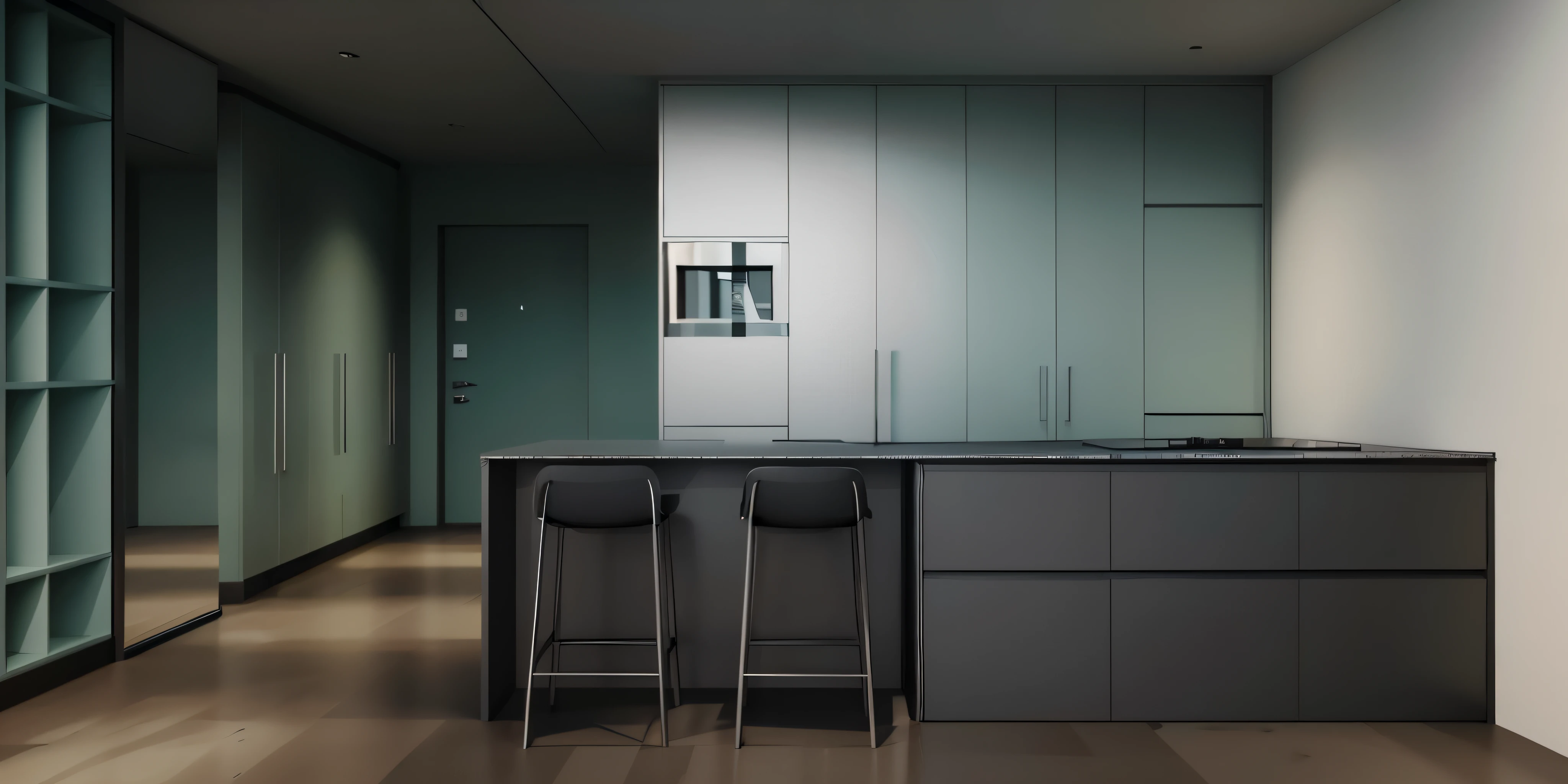 There are two stools and a counter in the kitchen, Realistic lighting, Realistic physically rendered, detailed architectural visualization render, present in corona, Rendered in Unreal Engine 6, minimal kitchen, Semi-realistic rendering, dark kitchen, architectural visualization, photorealistic rendering, Rendering in Unreal Engine 5, Very realistic 3D rendering, Rendered in Unreal Engine 5