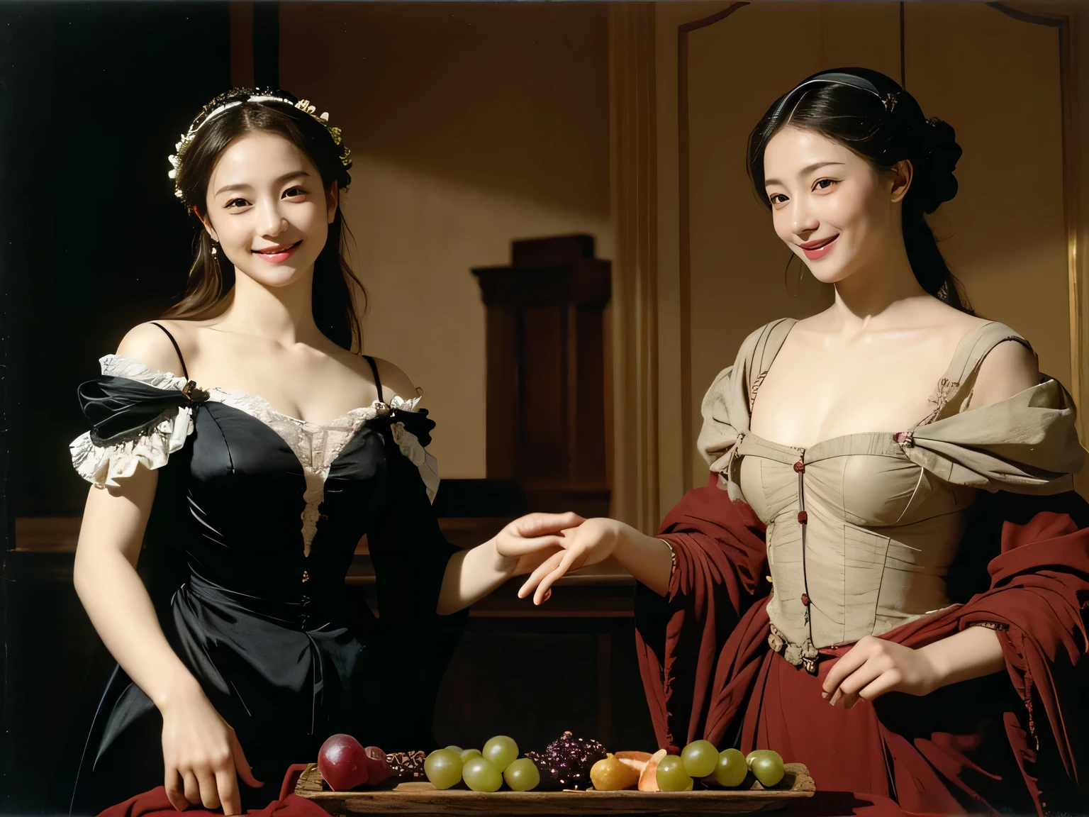 fruits,Grapes,Rosa,antique,A smile,,Sweet and seductive appearance.、Caravaggio's paintings、Chiaroscuro of Caravaggio,Two women frolicking,Cute smile, Expression of ecstasy