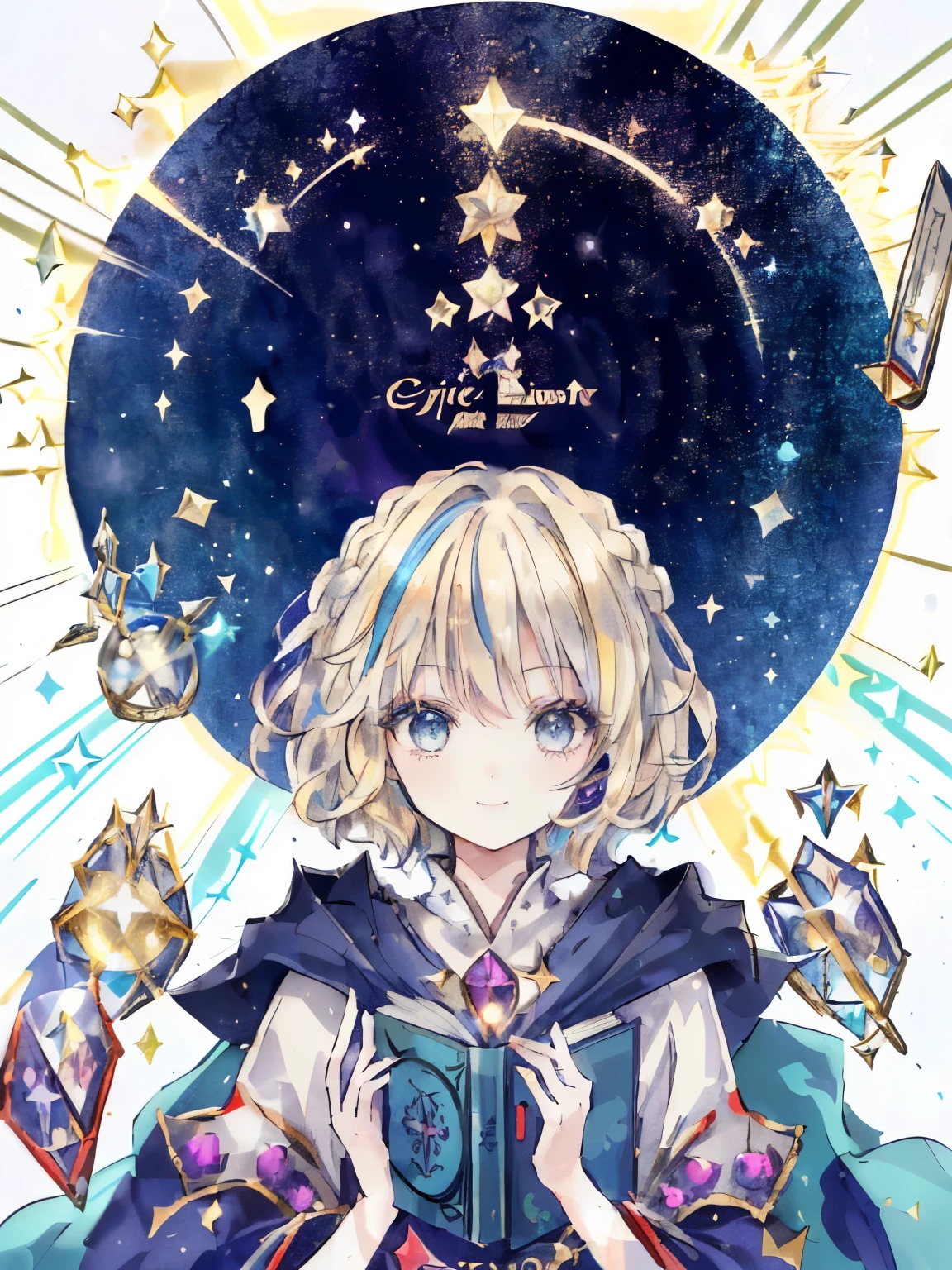 girl,(asymmetric hairstyle:1.3),(blonde:1.2),(Hair cut only on the left side:1.4),((wizard's robe:1.2)),((opening a magic book:1.3)),(A background studded with colorful jewels:1.35),((waving in the wind)),(proud smile),((close up of face:1.2)),((Super high quality:1.5))