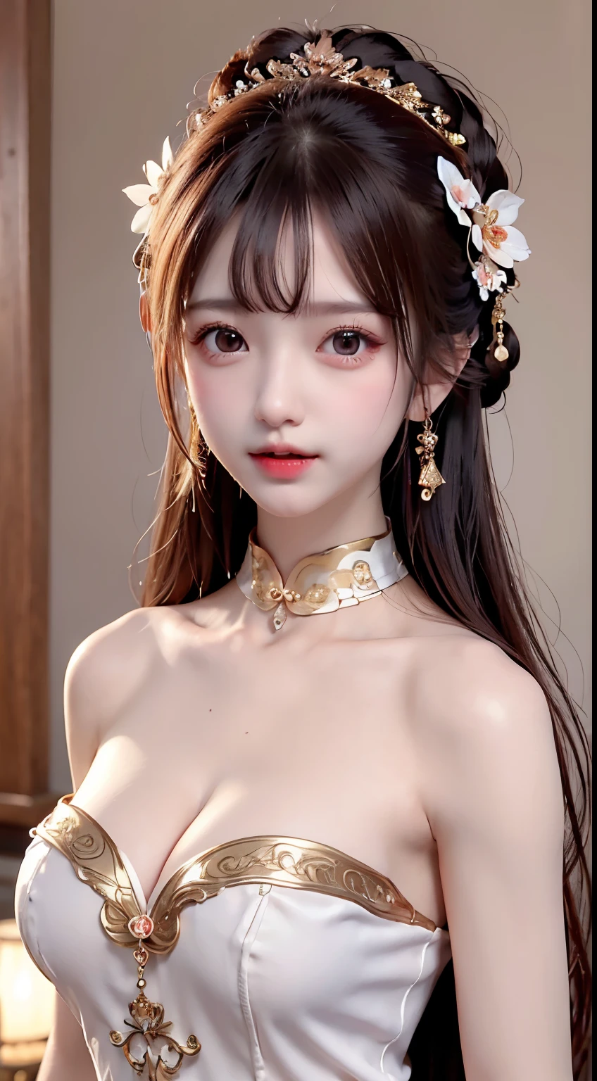 ,Ancient costumes with many phoenix motifs,Flawless white and pink face,Ornaments on the head,Black hair waist-length,very beautiful and sharp brown eyes,Small red lips,Colored lips,Enchanted smile,Jewelry worn around the neck,耳Nipple Ring,White uniform teeth,tall nose bridge,big round breasts, slenderlegs,thin mesh black socks,sportrait,most realistic,HighestQuali,best pixels,8K Ultra,high detal,8K分辨率,超高分辨率,A young girl, a cute girl,short detailed hair,hair-bun,lipsticks,Tassel earrings,choker necklace,Black clear eyes,Smooth hair,鎖骨,Delicate and perfect facial features, the most beautiful big eyes,Long eyelashes,The eyes are sweet and there are lying silkworms,dynamic angle,extreme picture quality,Highest precision,Precise and perfect human anatomy,(((Professional Dress,Slim Republic of China cheongsam,Crimson gold embroidery))),((sitted)),Warm scene,超高分辨率,Ultra-clear Chinese antique style black flowing hair with a delicate bun)By bangs,(Long flowing hair,With a bun:1.3)), open V-chested clothes royal, Wet body of thin silk fabric, Thin silk lace dress, (huge ,cleavage),, white pink, blue ,best qualtiy,tmasterpiece,超高分辨率,(真实感:1.4),RAW photogr,(True skin texture:1.3),(filmgrain:1.3),(Selfie angle),1个Giant Breast Girl,Beautiful eye and face details,tmasterpiece,Best quality at best,,The chest more exposed, detailed hair, bra pink , detail 8k, upper body,,Delicate collarbones,beautiful make up,Exquisite and perfect facial features,,Big watery eyes,Lying silkworm,Long eyelashes,The eyes are sweet and have eye shadow,Slim waist,Do not show your hands,,lipsticks,Blushlush,Delicate earring earrings
