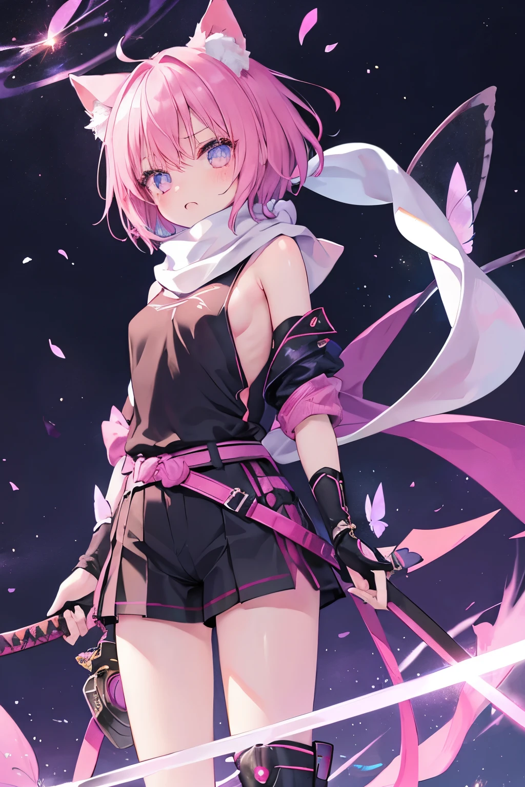 An ultra-detailed, high-resolution (4k, 8k) masterpiece:1.2 prompt featuring an anime girl in pink underwear, (wielding a sword:1.4). The image should showcase vivid colors, with sharp focus and studio lighting to enhance the realism.