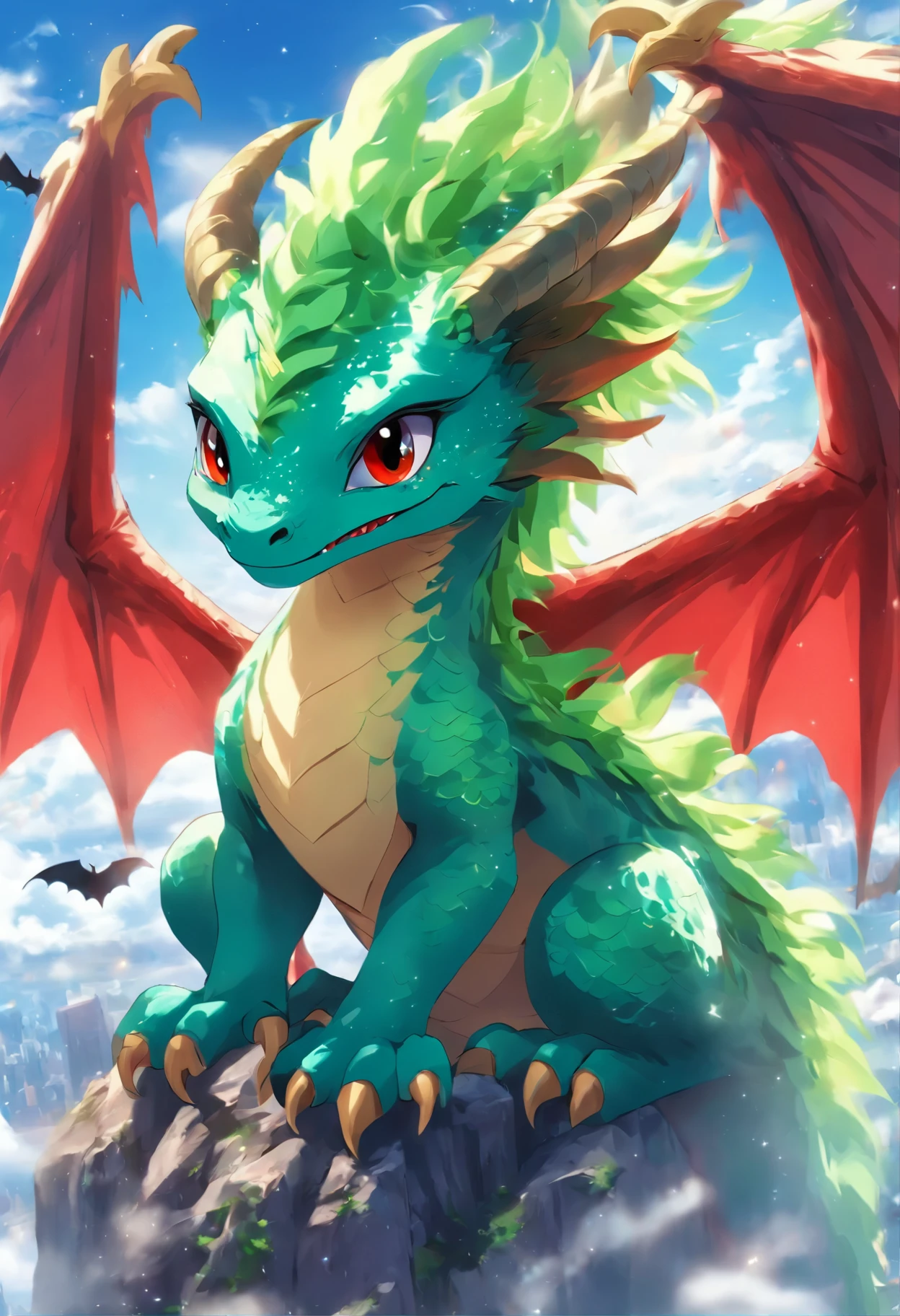 ( Dragon，White body, red horn, green mane,bat wings,) masterpiece,highest quality, ultra high resolution, blue sky background, 