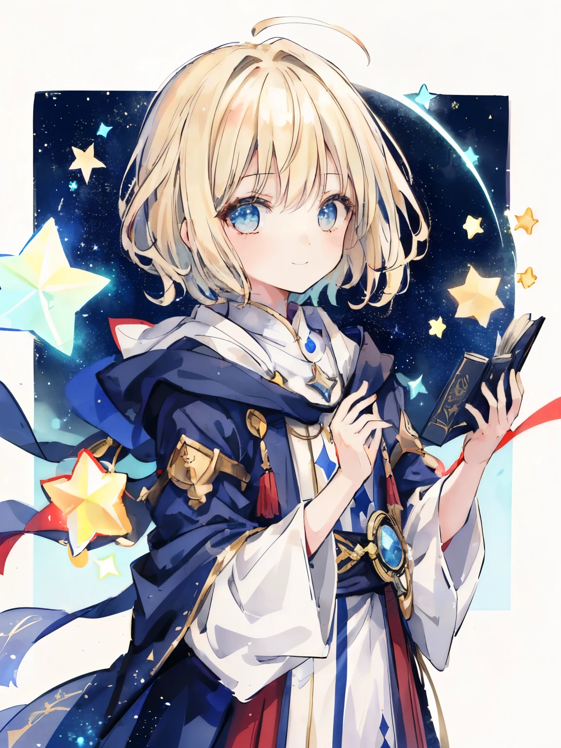 girl,(asymmetric hairstyle:1.3),(blonde:1.2),(Hair cut only on the left side:1.4),((wizard's robe:1.2)),((opening a magic book)),(background with twinkling stars:1.35),waving in the wind,(proud smile),((close up of face:1.2)),((Super high quality:1.5))