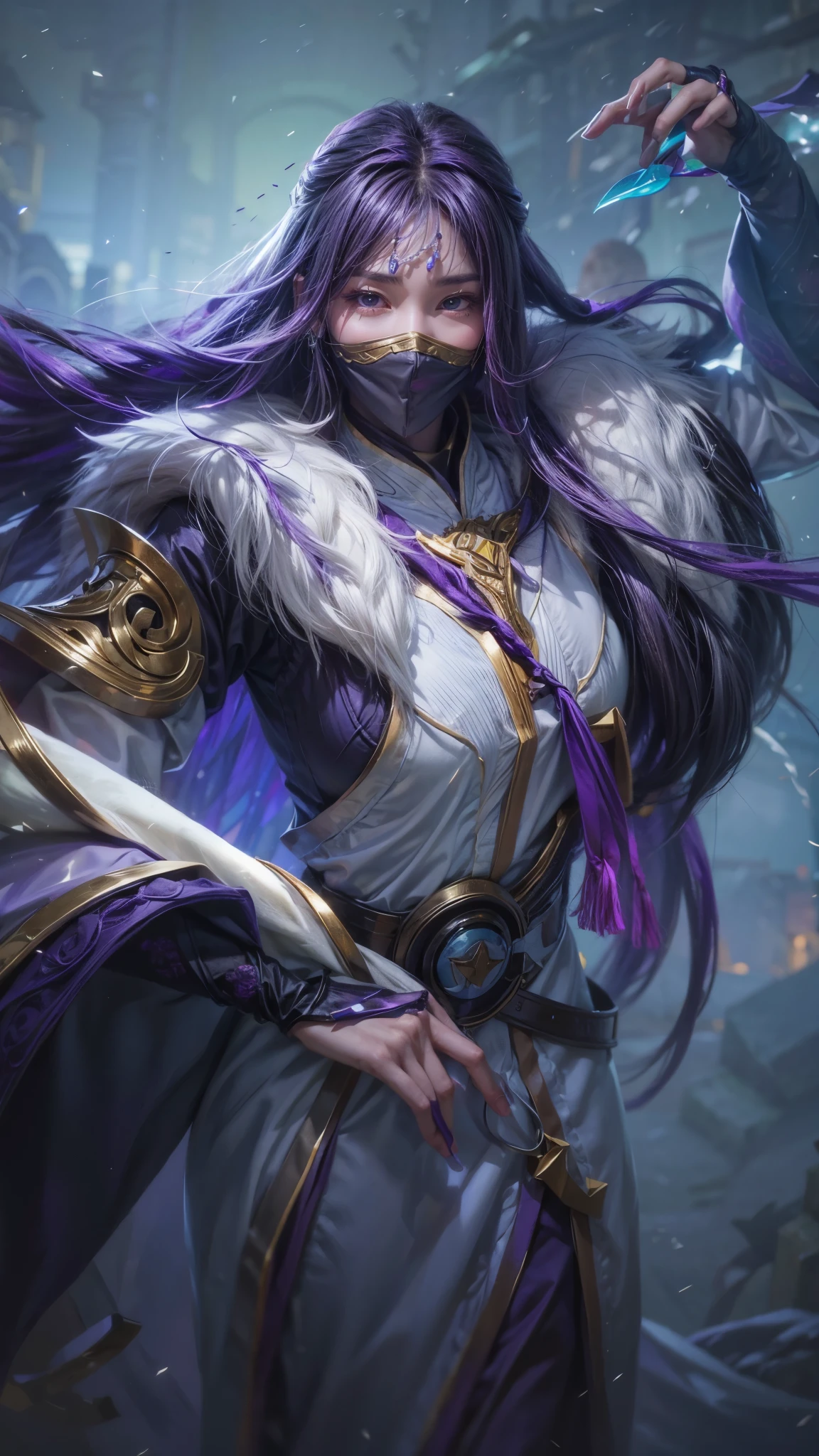Lou yi from mobile legends game with purple haire and purple eye milf face and big breasts with mask frome Chinese dress 