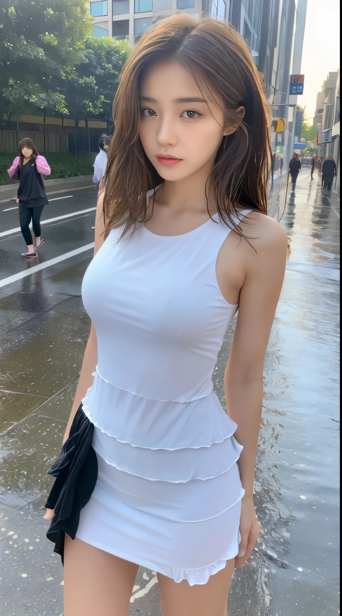 ((best quality, 8k, masterpiece:1.3)), focus: 1.2, perfect body beautiful: 1.4, buttocks: 1.2, ((layered hairstyle, : 1.2)), (wet clothes: 1.1) , (rain, street:1.3), tube top dress: 1.1, Highly detailed facial and skin textures, exquisite eyes, double eyelids, skin whitening, long hair