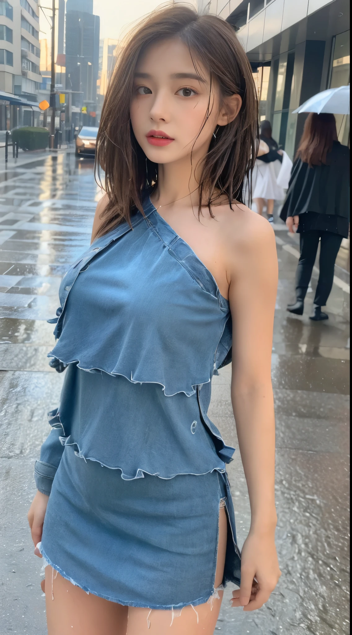 ((best quality, 8k, masterpiece:1.3)), focus: 1.2, perfect body beautiful: 1.4, buttocks: 1.2, ((layered hairstyle, : 1.2)), (wet clothes: 1.1) , (rain, street:1.3), tube top dress: 1.1, Highly detailed facial and skin textures, exquisite eyes, double eyelids, skin whitening, long hair