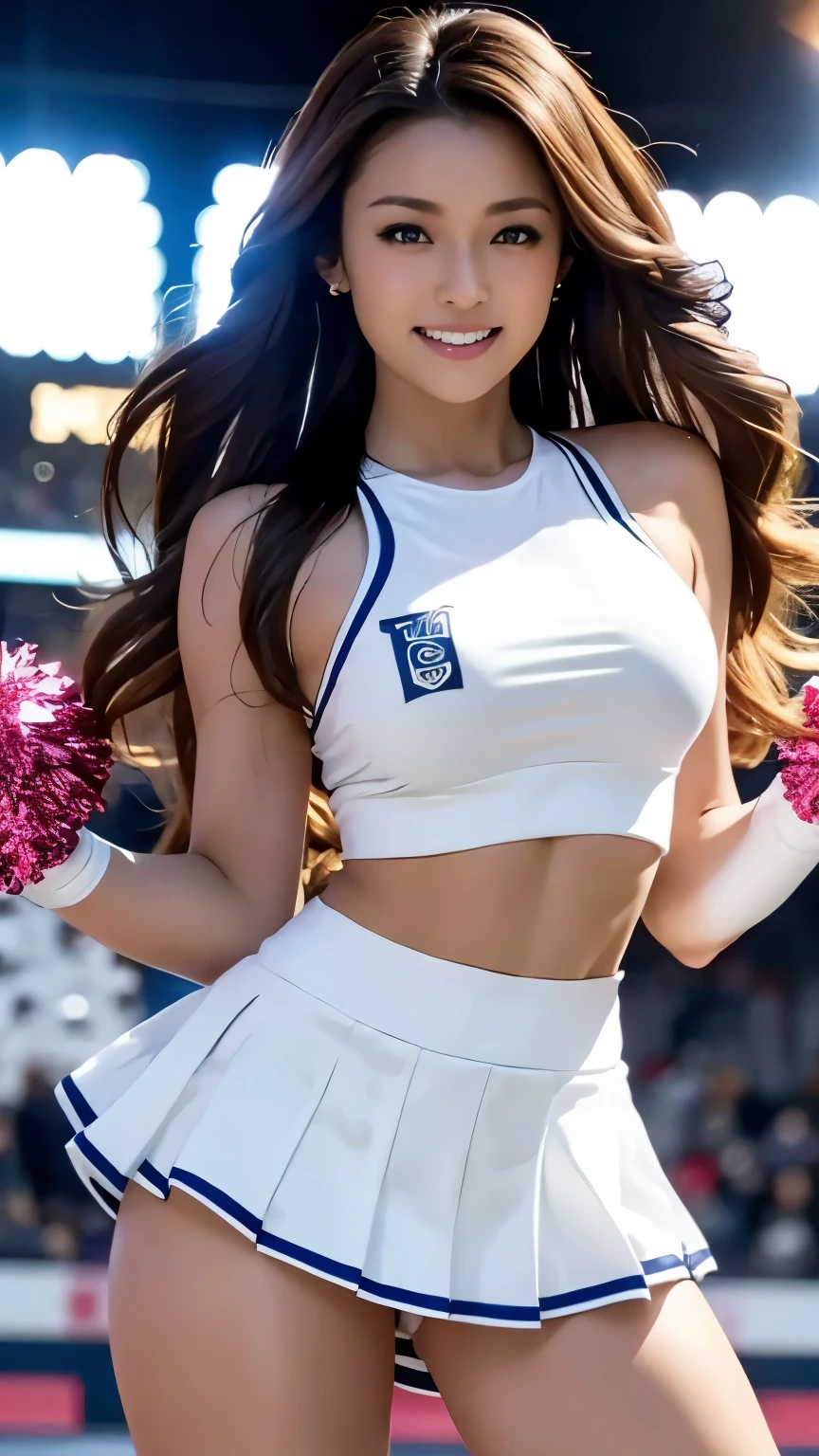 stadium, null, 青いnull, (Photoreal:1.4, 8K), highest quality, masterpiece, ultra high resolution, perfect dynamic composition, big face, round face, (light brown hair:1.3, long hair, Soaring hair, curly hair, ponytail), Highly detailed skin and facial textures:1.3, tanned skin:1.3, slender, perfect proportions, Medium chest:1.3, (under boob:1.25), midriff peek:1.3, Glossy legs, Detail of limbs,  Cute and sexy 22 year old cheerleader, (completely enchants you:0.9), (cheerleader white costume:1.4),  (gal makeup, eyeliner, mascara, Pink lip gloss, distant eyes, Eyes that feel beautiful eros:0.85), sexy face:0.4, (closed mouth, small mouth, thick lips, A taste of beautiful eroticism:0.85), (Too cute beauty:0.9), stadium, Lots of spectators, Lots of spectators, strong wind, Movie lighting from the front, (look at the camera:1.2), (extreme close up), (Dynamic pose on stage), smile:0.7, 