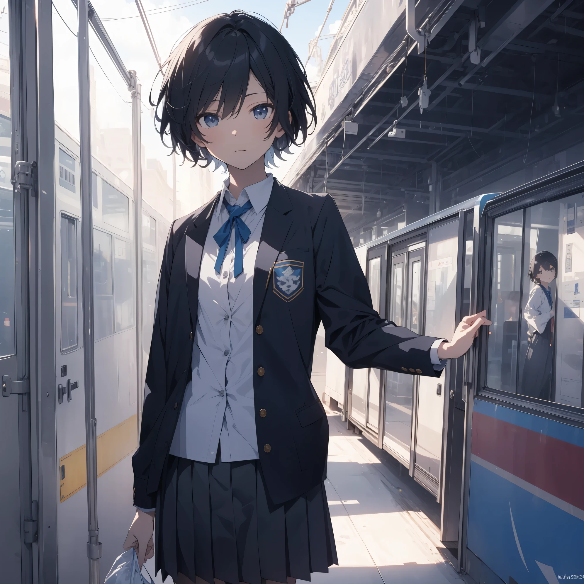 Ultra-highest quality by the art god, super detailed, High resolution, anime moe art style, best anime 8K konachan wallpaper, pixiv contest winner, perfect anatomy, break,(眠そうにalone学校へ行く女の子を描いてください. )break, 1 girl, (alone,little woman, , 13 years old:1.3),All limbs, full finger,, The charm of an immature body, (very short hair), flat chest, small ass, between legs, Small black eyes, beautiful and fine eyes, Well-proportioned iris and pupils, expressive eyes, High resolutionの詳細な髪, ribbon, skirt, collared shirt, neck ribbon, pleated skirt, school uniform, shirt, white shirt, (detailed lighting), (detailed background), On the way to school. break,super dense skin, Best lighting by famous artists, 8K, figure,UHD, rough skin