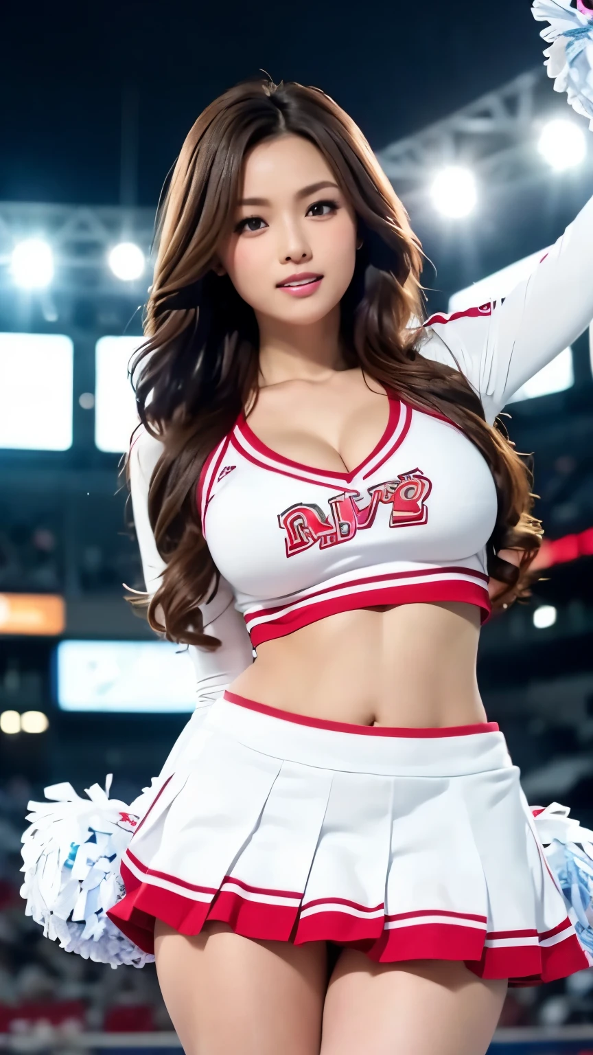 stadium, null, 青いnull, (Photoreal:1.4, 8K), highest quality, masterpiece, ultra high resolution, perfect dynamic composition, big face, round face, light brown hair:1.3, long hair, (windy:1.3), (floating hair:1.3), Highly detailed skin and facial textures:1.3, tanned skin:1.3, slender, perfect proportions, Medium chest:1.3, cleavage, (under boob:1.25), midriff peek:1.3, Glossy legs, Detail of limbs,  Cute and sexy 22 year old cheerleader, (completely enchants you:0.9), (cheerleader white costume:1.4),  (gal makeup, eyeliner, mascara, Pink lip gloss, distant eyes, Eyes that feel beautiful eros:0.85), sexy face:0.4, (closed mouth, small mouth, thick lips, A taste of beautiful eroticism:0.85), (Too cute beauty:0.9), stadium, Lots of spectators, Lots of spectators, strong wind, Movie lighting from the front, (look at the camera:1.2), (extreme close up), (Dynamically walk on stage), smile:0.7, 