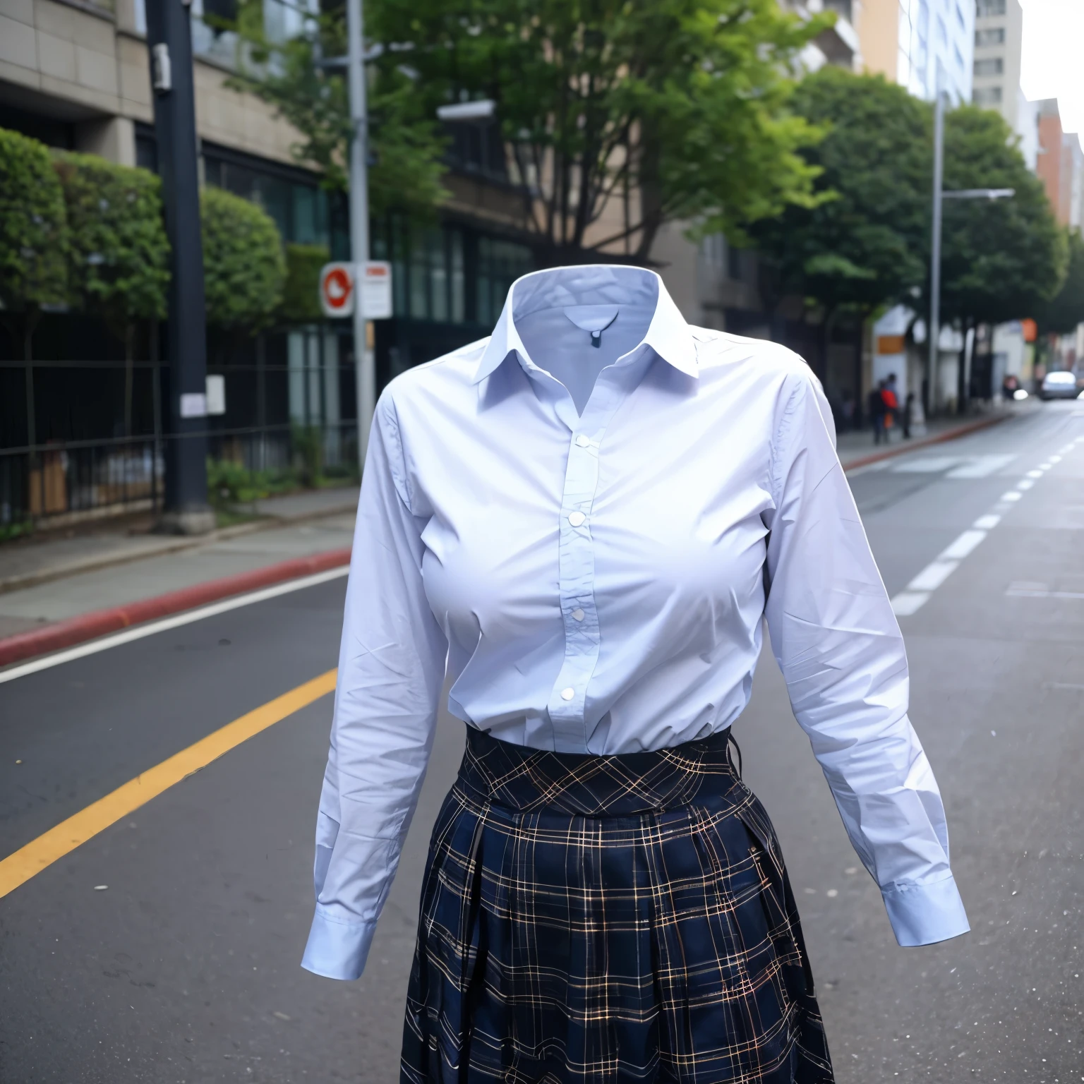 school uniform attack the girl, stripe tie, plaid skirt, (invisible, no humans, headless, faceless:1.5), cute big breasts