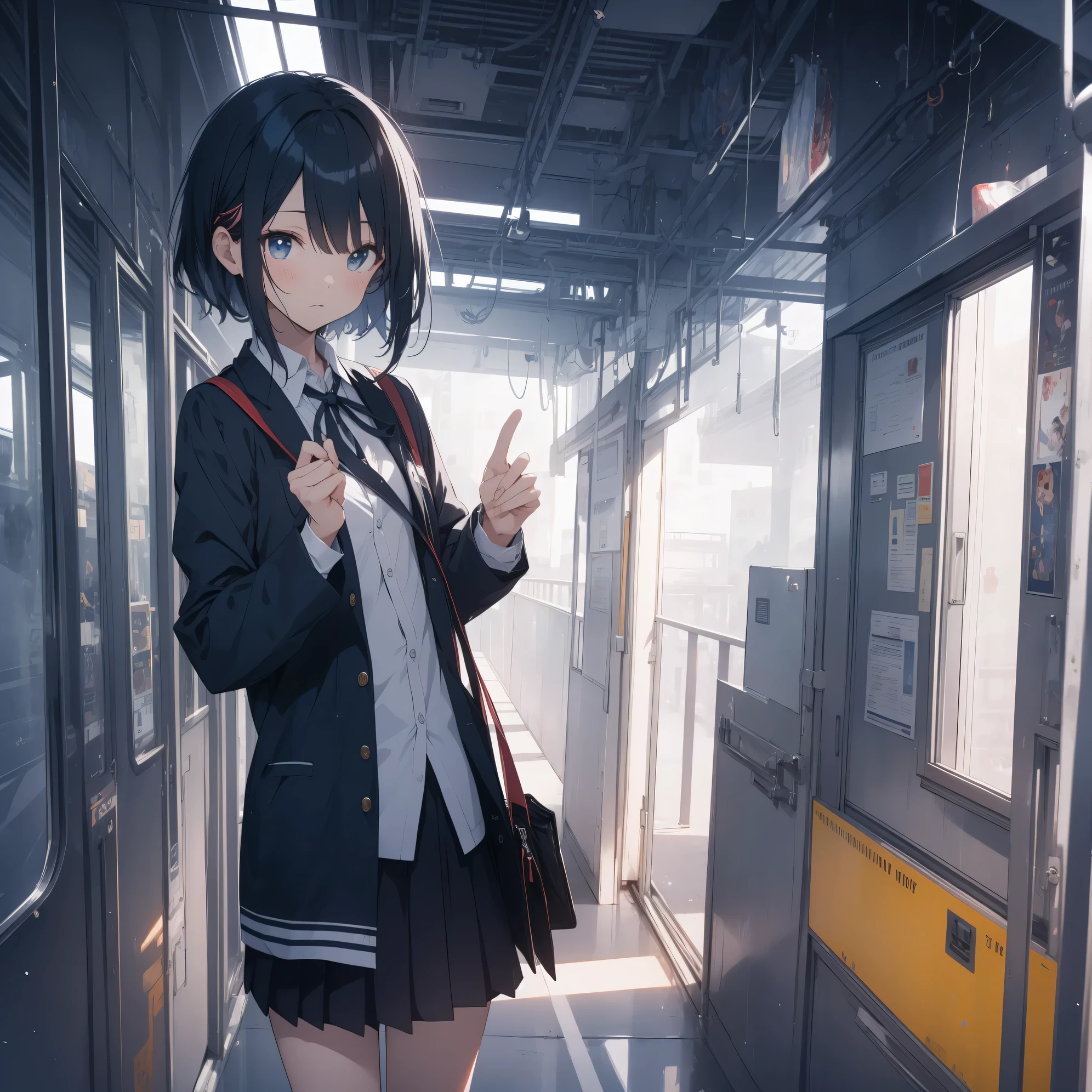 Anime girl in a school uniform standing in a train station - SeaArt AI