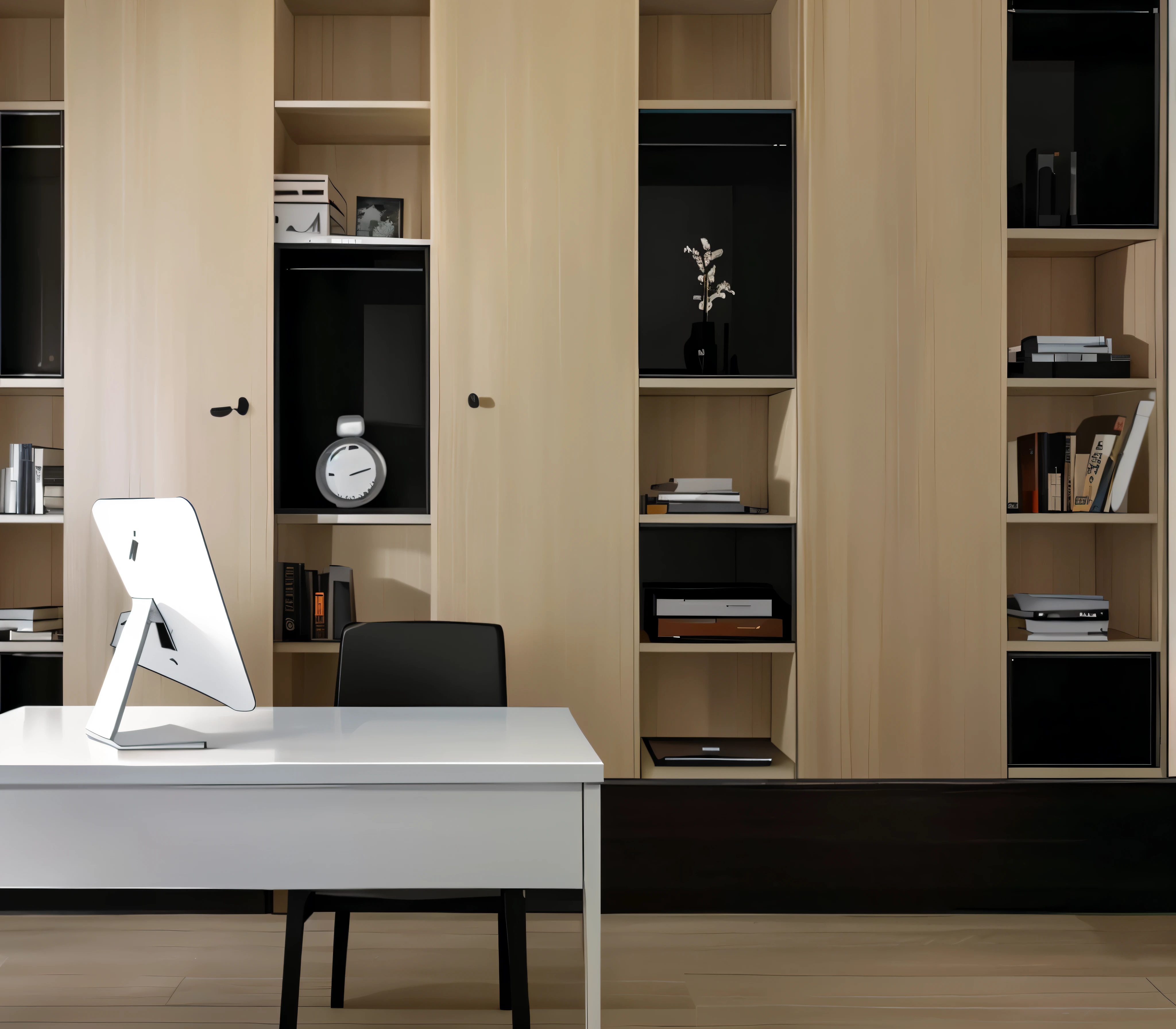 There are bookshelves in the room,There is a table on the table, minimalist home work, from me, home work interior, Modern minimalist f 2 0, minimalist desk, Modern minimalist f 2 0 clean, cabinet furniture, minimally modern, Stylish streamlined design, home work, Neat and tidy, elegant study room, elegant minimalism