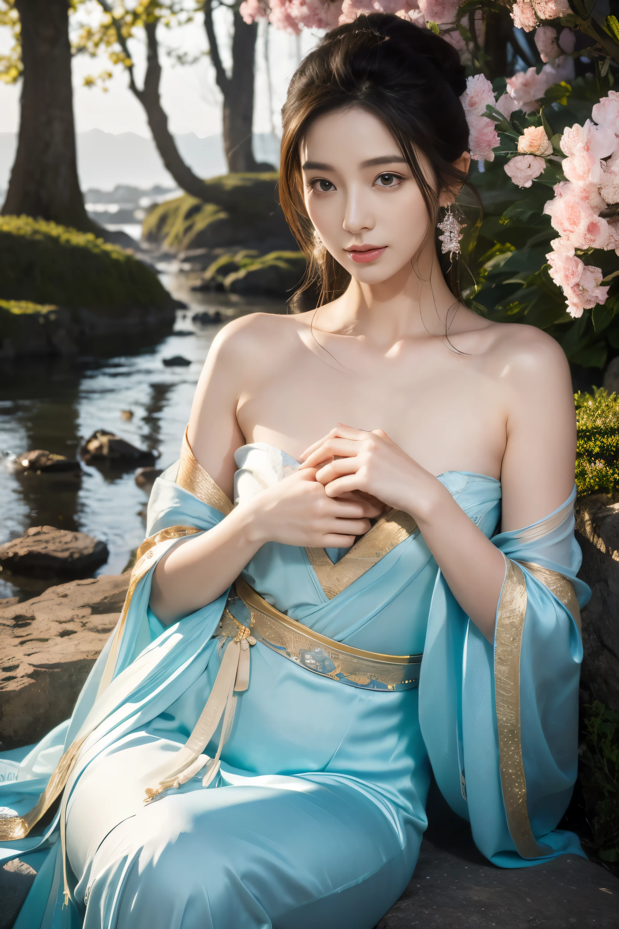 absolute beauty, Yumeijin, The face of the goddess, Heroine Xianxia, a lot of silk, (best quality,4K,8k,high resolution,masterpiece:1.2),Super detailed,(actual,lifelike,photo般逼真:1.37), human development report, ultra high definition, studio lightning, Ultra-fine painting, sharp focus, Physically based rendering, extremely detailed description, professional, bright colors, Bokeh, you will bring, landscape, fear, cartoon, science fiction, photo, concept artist, bright colors, muted pastels, soft light, Ethereal atmosphere, Quiet environment, flowing water, blooming flowers, complex patterns, intricate hairstyle, exquisite jewelry, flowing clothes, elegant gesture, calm expression, shining & shiny skin, Limbs are long and slender, charming eyes, gentle smile, Exquisite makeup, mesmerizing backdrop, Mysterious creature, dynamic action, Supernatural powers, DazzlingEffects.