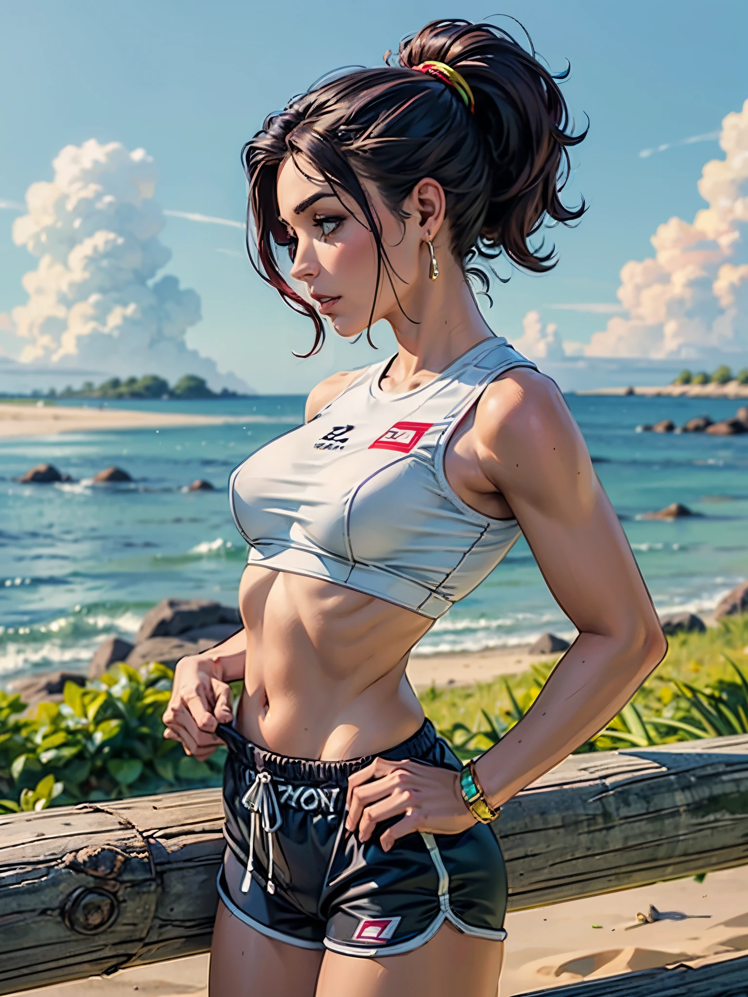 1womanl,20year old,Golden head hair,Beautiful ponytail hairstyle, sports wear,White Sports Bra,Shorts Small breasts,Sheer Sports Bra,,(Lift Jewelry:1.3),,sand beach